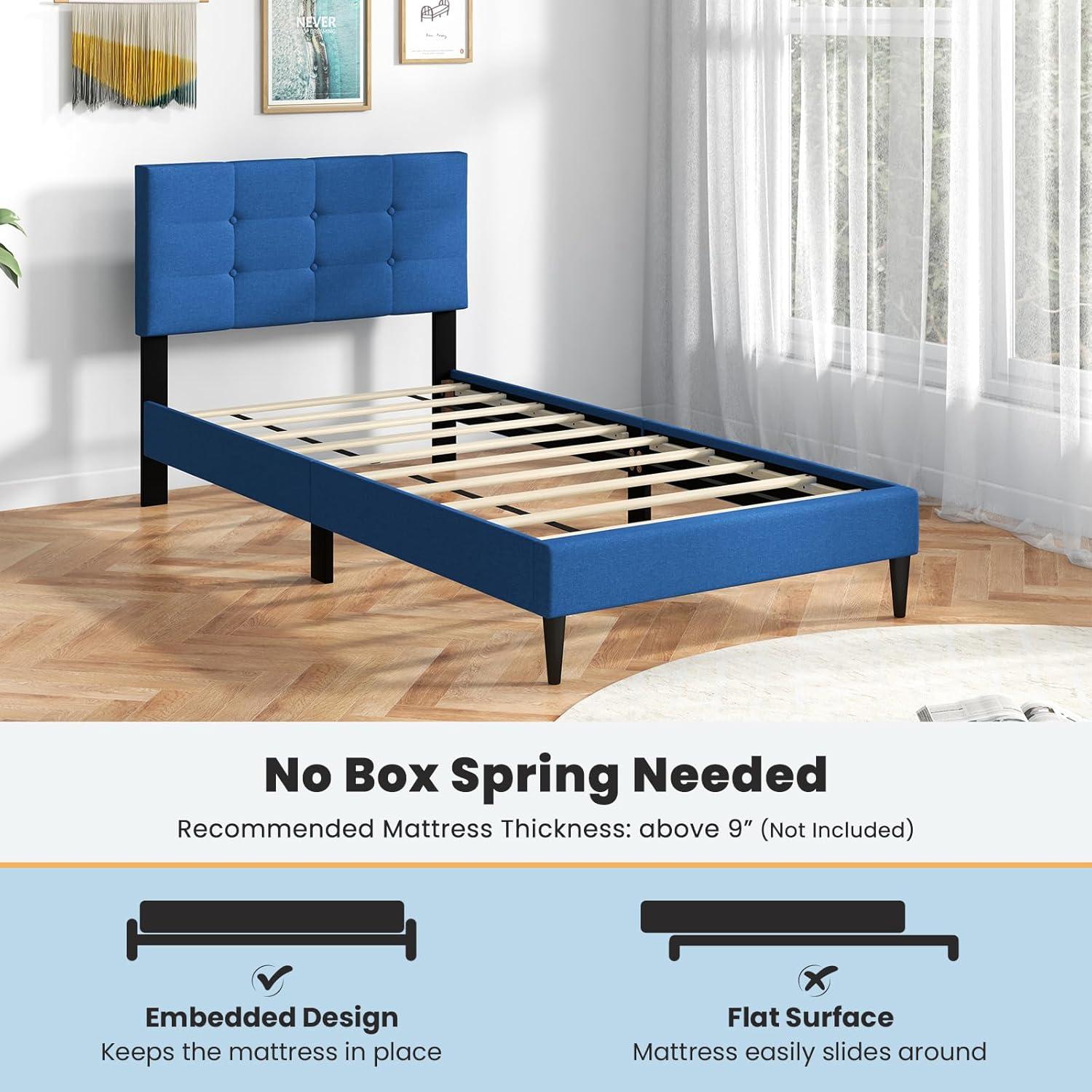 image:imageGiantex Twin Bed Frames for Kids Modern Fabric Linen Upholstered Platform Bed Frame with Button Tufted Headboard and Wooden Slats No Box Spring Needed Kids Twin Bed for Boys Girls Navy BlueNavy Blue