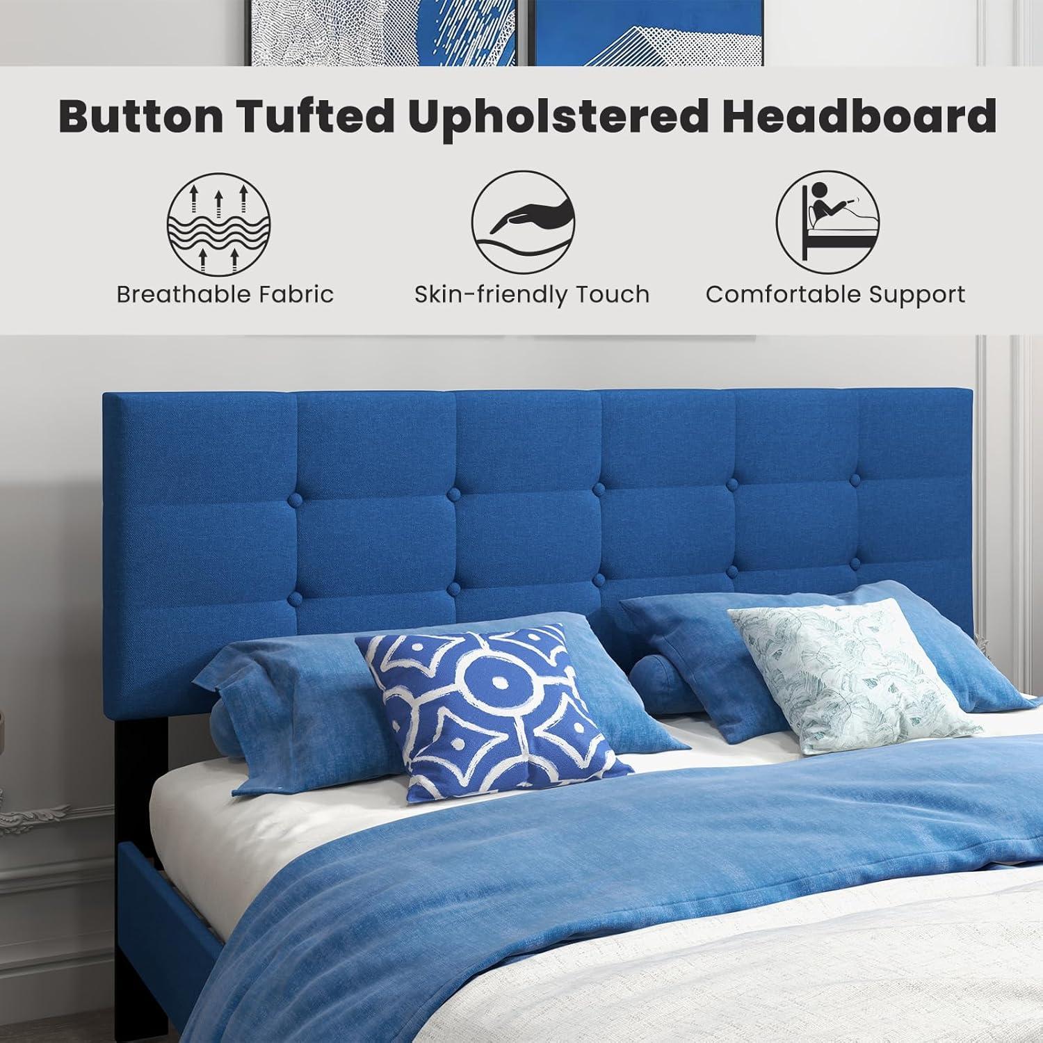 image:imageGiantex Twin Bed Frames for Kids Modern Fabric Linen Upholstered Platform Bed Frame with Button Tufted Headboard and Wooden Slats No Box Spring Needed Kids Twin Bed for Boys Girls Navy BlueNavy Blue