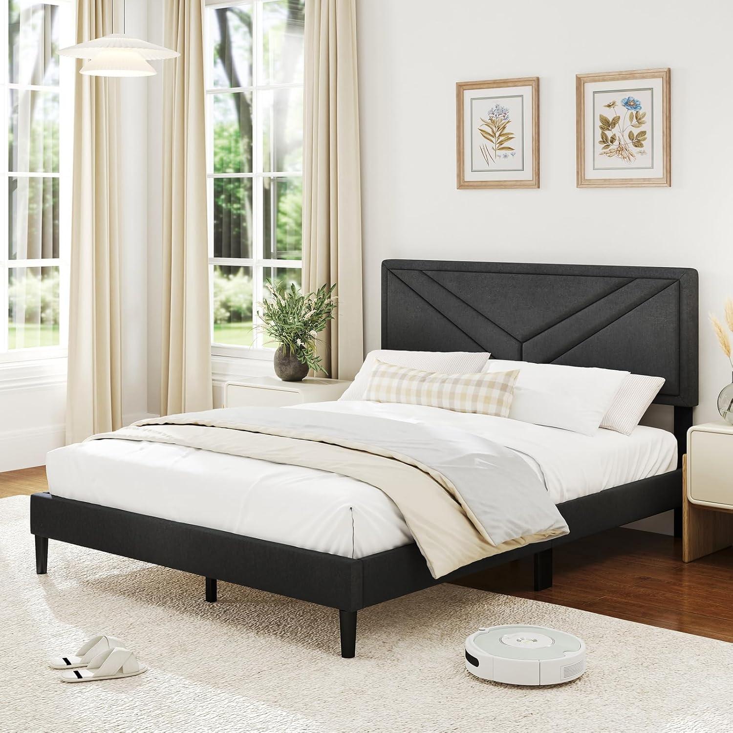 image:imageGiantex Twin Bed Frames with Headboard Modern Upholstered Platform Bed Frame with Vertical Channel Tufted Headboard Wooden Slats Support No Box Spring Needed GrayQueen