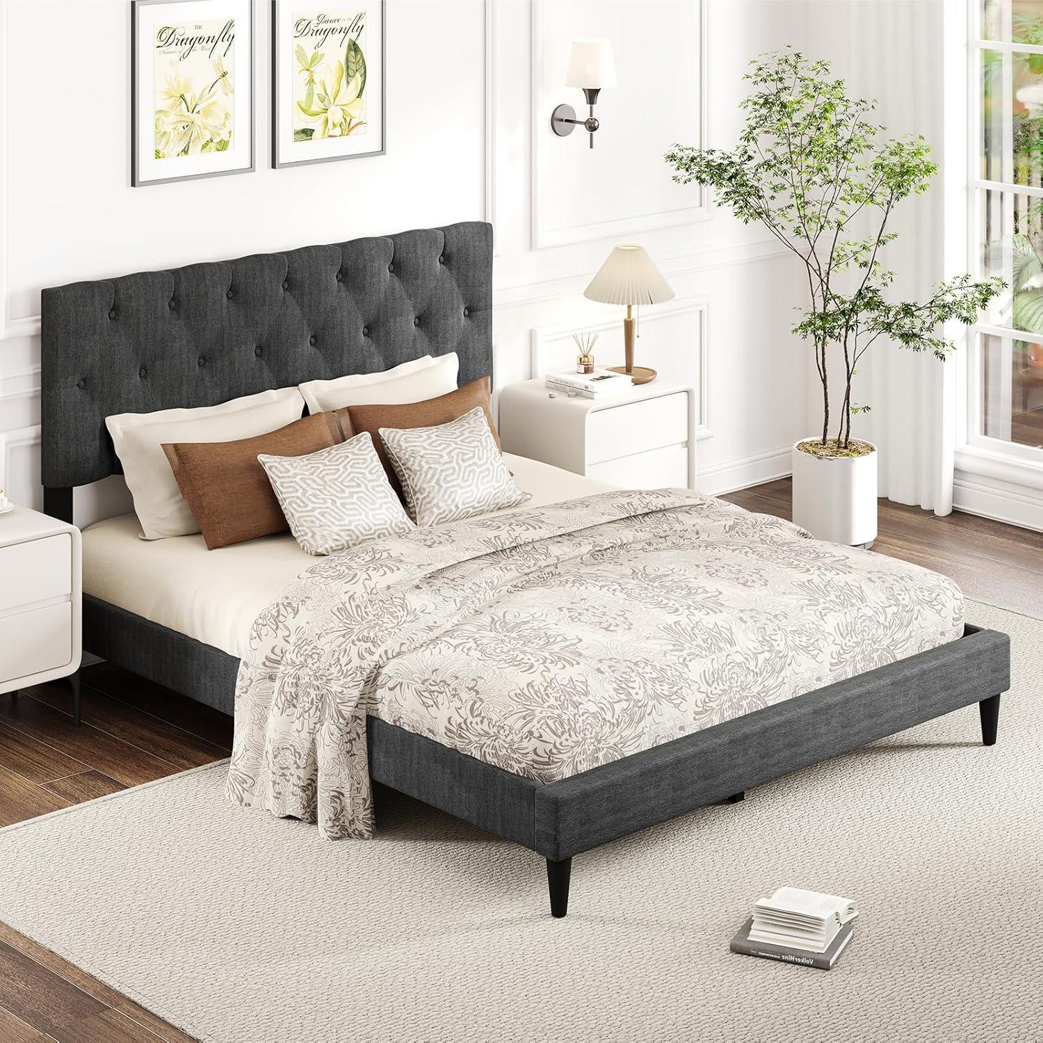 image:imageGiantex Twin Bed Frames with Headboard Modern Upholstered Platform Bed Frame with Vertical Channel Tufted Headboard Wooden Slats Support No Box Spring Needed GrayQueen