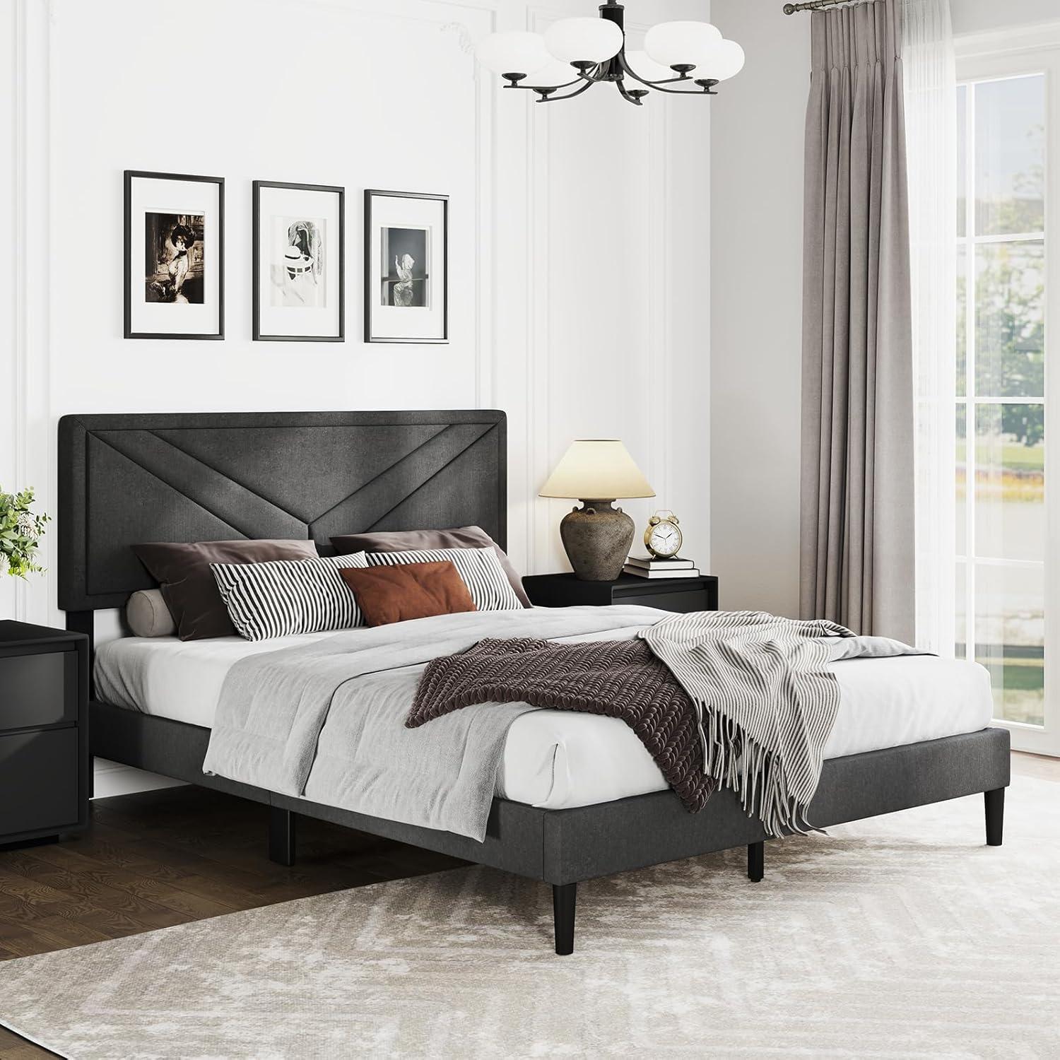 image:imageGiantex Twin Bed Frames with Headboard Modern Upholstered Platform Bed Frame with Vertical Channel Tufted Headboard Wooden Slats Support No Box Spring Needed GrayQueen