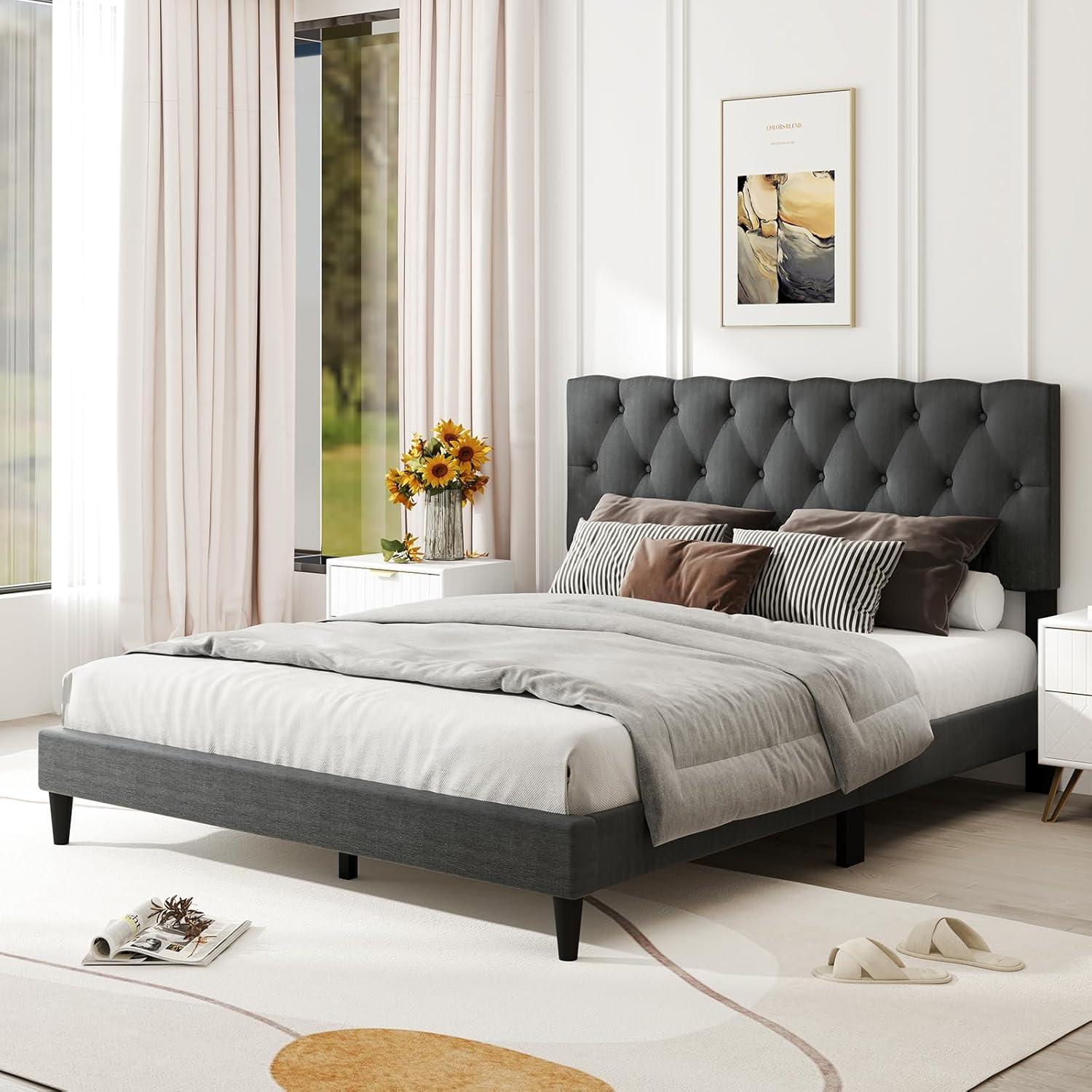 image:imageGiantex Twin Bed Frames with Headboard Modern Upholstered Platform Bed Frame with Vertical Channel Tufted Headboard Wooden Slats Support No Box Spring Needed GrayQueen