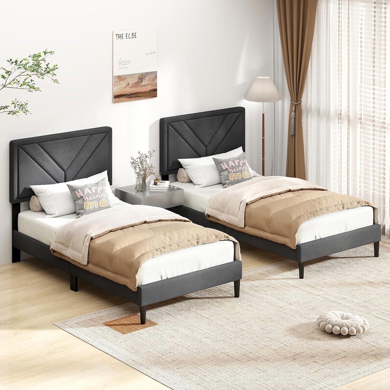 image:imageGiantex Twin Bed Frames with Headboard Modern Upholstered Platform Bed Frame with Vertical Channel Tufted Headboard Wooden Slats Support No Box Spring Needed GrayTwin
