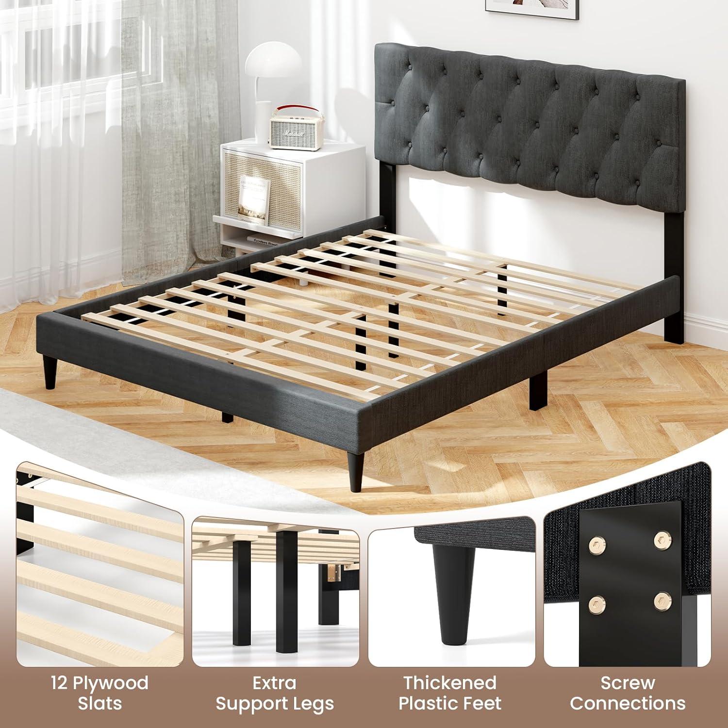 image:imageGiantex Twin Bed Frames with Headboard Modern Upholstered Platform Bed Frame with Vertical Channel Tufted Headboard Wooden Slats Support No Box Spring Needed GrayQueen