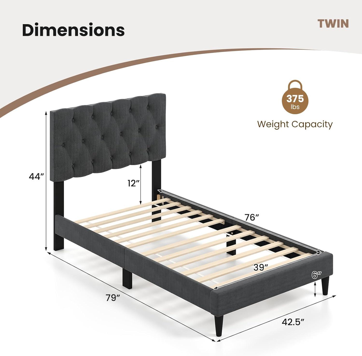 image:imageGiantex Twin Bed Frames with Headboard Modern Upholstered Platform Bed Frame with Vertical Channel Tufted Headboard Wooden Slats Support No Box Spring Needed GrayTwin