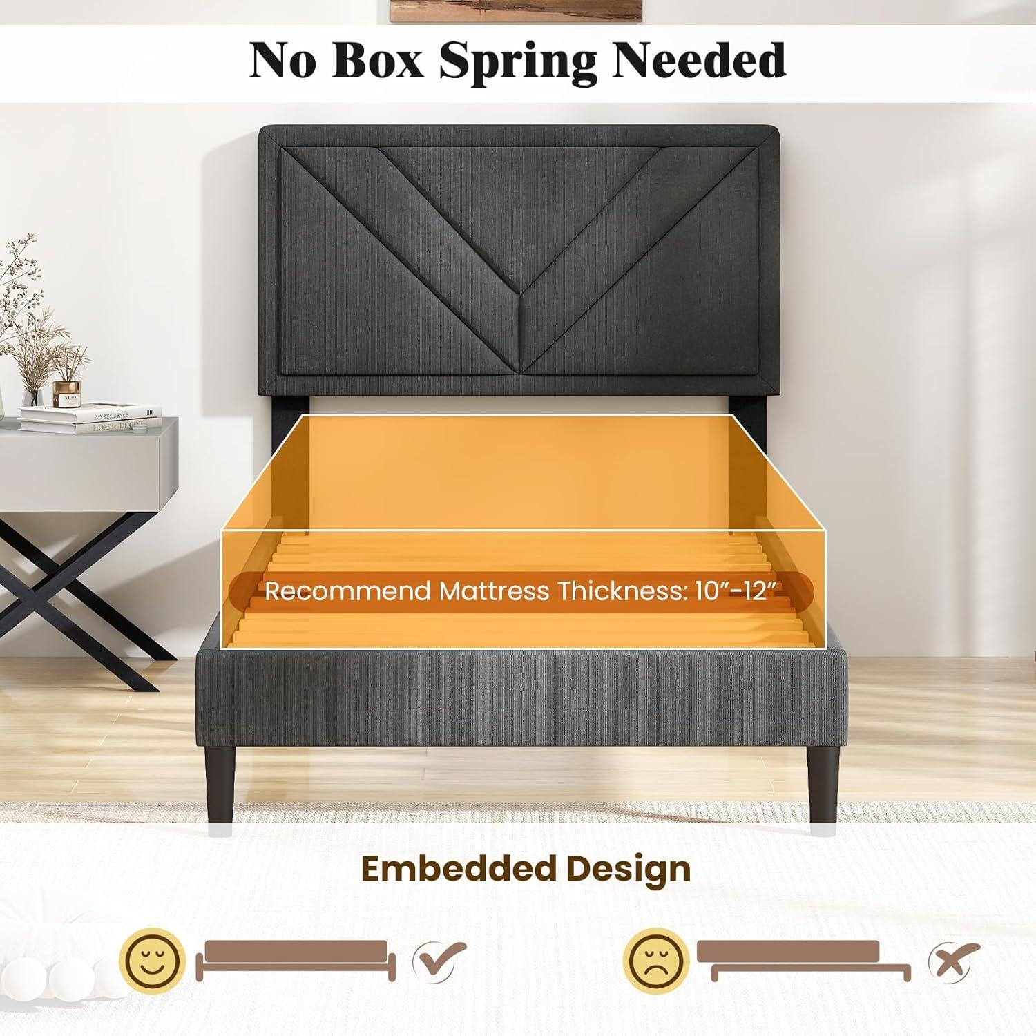 image:imageGiantex Twin Bed Frames with Headboard Modern Upholstered Platform Bed Frame with Vertical Channel Tufted Headboard Wooden Slats Support No Box Spring Needed GrayTwin