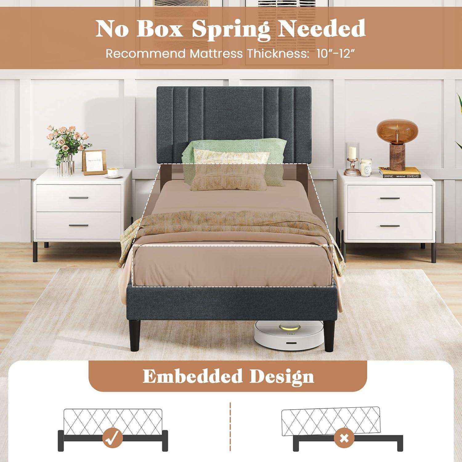 image:imageGiantex Twin Bed Frames with Headboard Modern Upholstered Platform Bed Frame with Vertical Channel Tufted Headboard Wooden Slats Support No Box Spring Needed GrayTwin