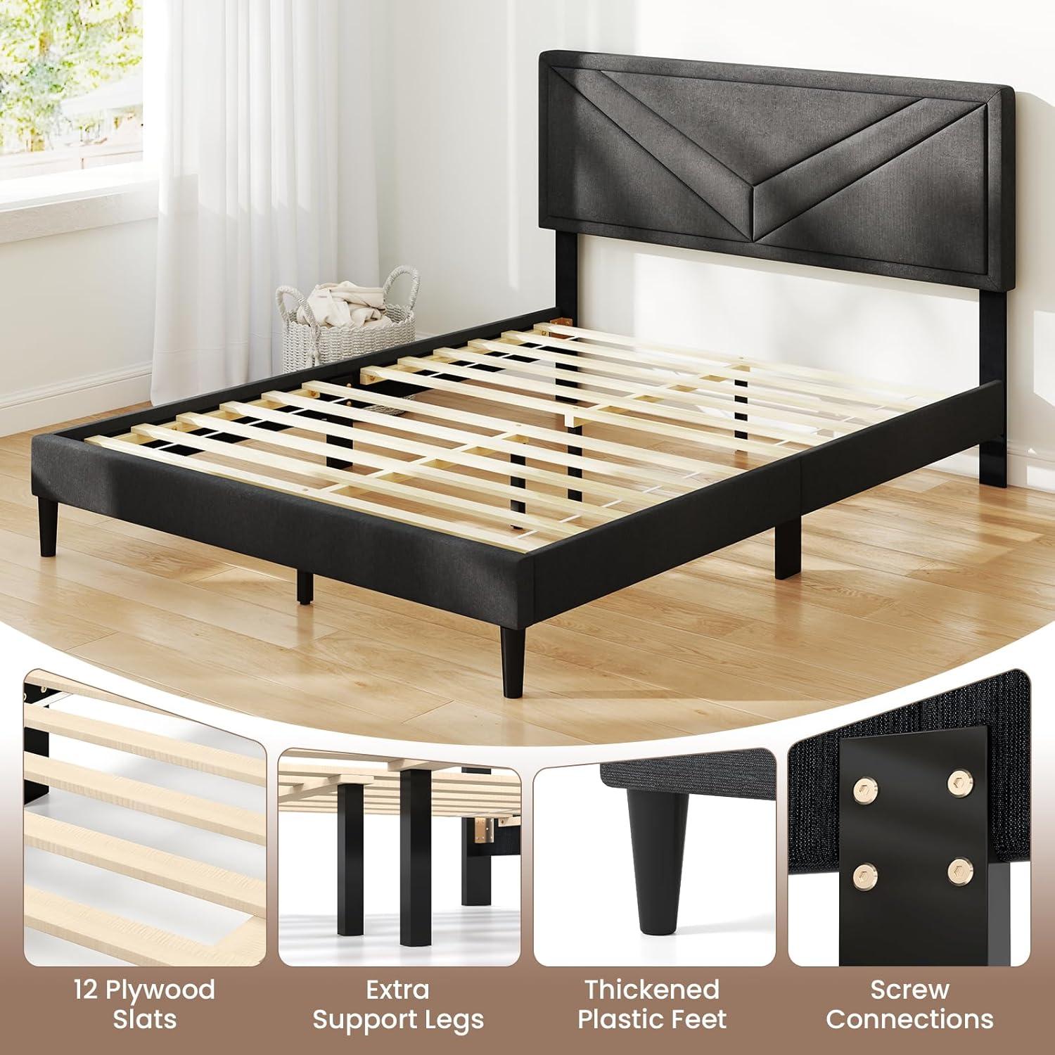 image:imageGiantex Twin Bed Frames with Headboard Modern Upholstered Platform Bed Frame with Vertical Channel Tufted Headboard Wooden Slats Support No Box Spring Needed GrayQueen