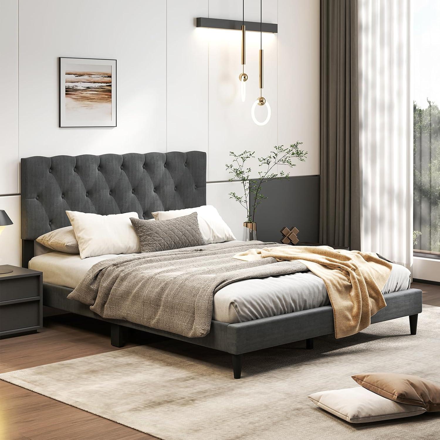 image:imageGiantex Twin Bed Frames with Headboard Modern Upholstered Platform Bed Frame with Vertical Channel Tufted Headboard Wooden Slats Support No Box Spring Needed GrayQueen