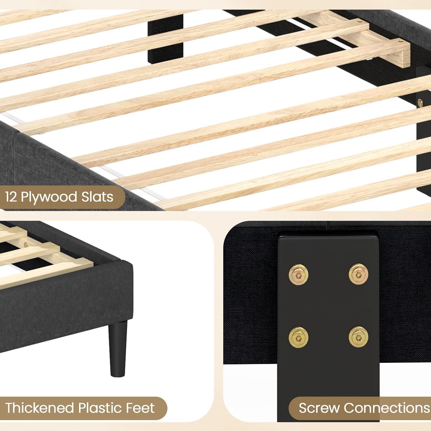 image:imageGiantex Twin Bed Frames with Headboard Modern Upholstered Platform Bed Frame with Vertical Channel Tufted Headboard Wooden Slats Support No Box Spring Needed GrayTwin