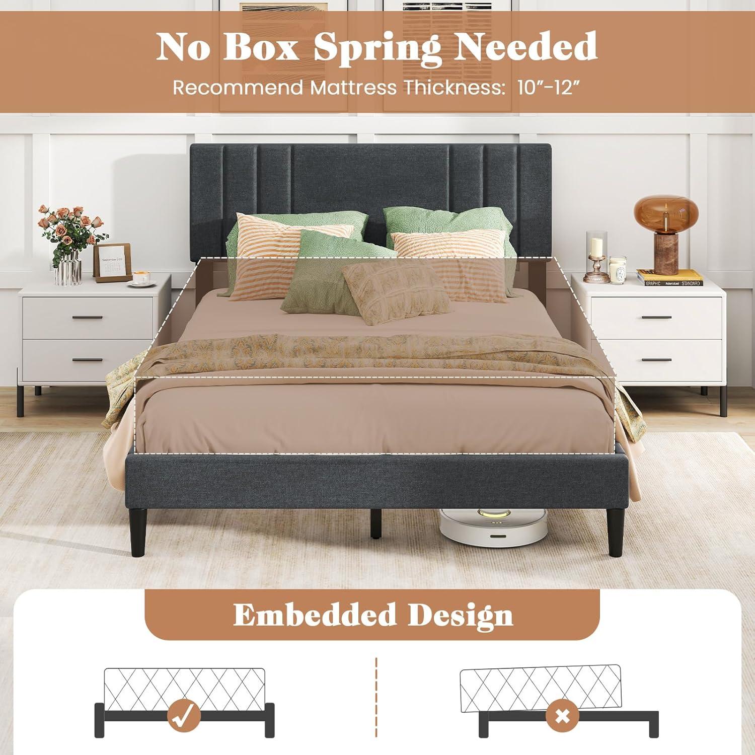 image:imageGiantex Twin Bed Frames with Headboard Modern Upholstered Platform Bed Frame with Vertical Channel Tufted Headboard Wooden Slats Support No Box Spring Needed GrayQueen