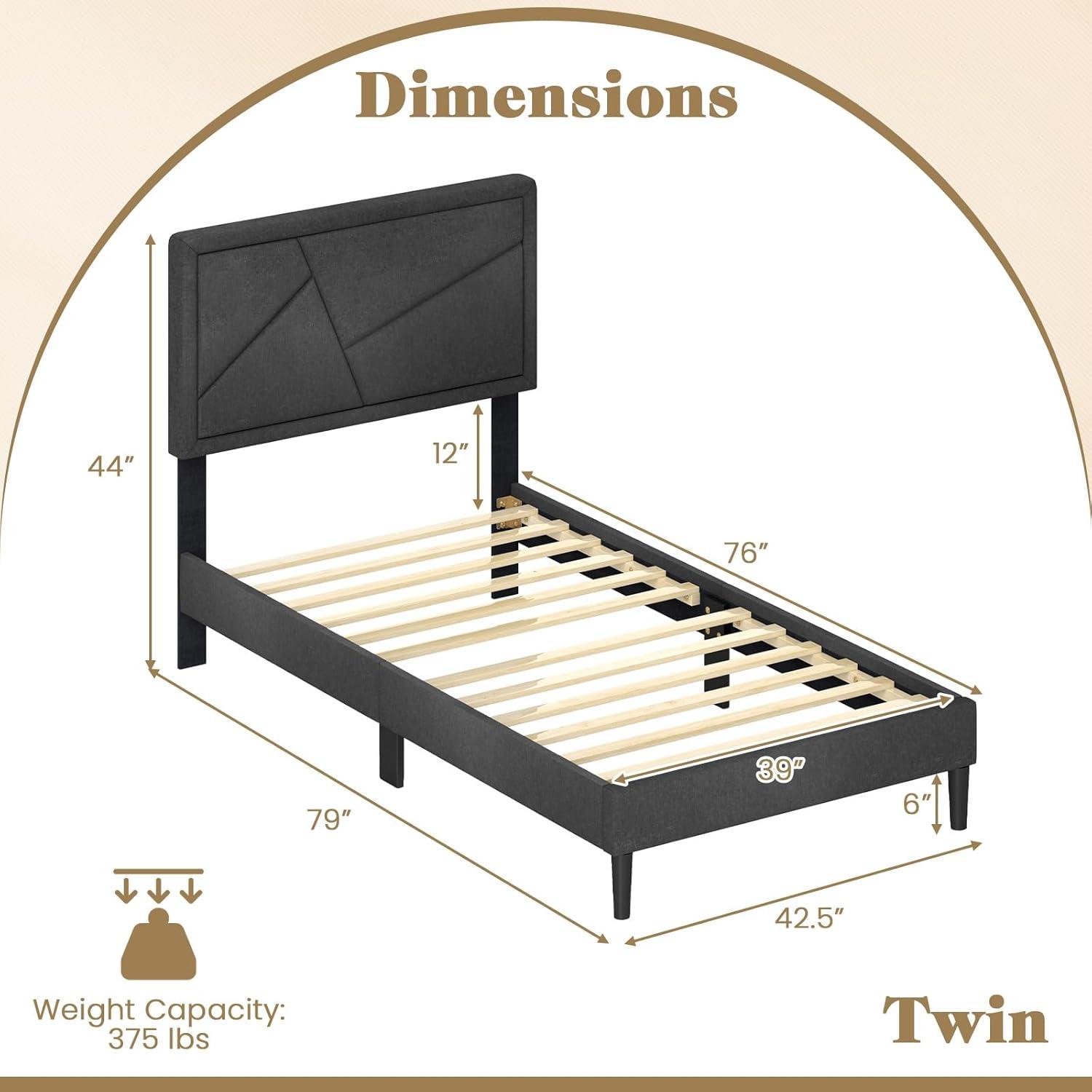 image:imageGiantex Twin Bed Frames with Headboard Modern Upholstered Platform Bed Frame with Vertical Channel Tufted Headboard Wooden Slats Support No Box Spring Needed GrayTwin