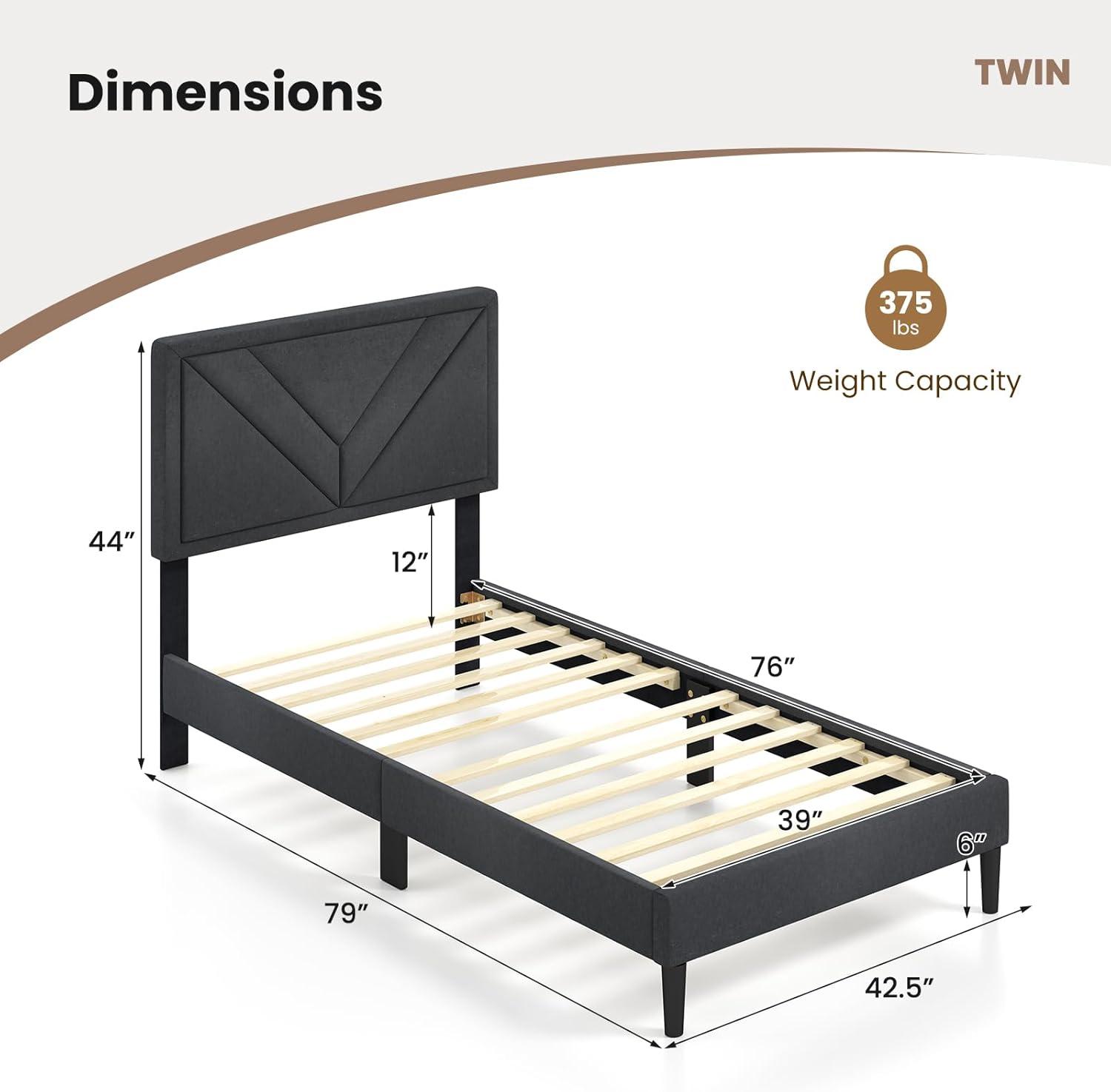 image:imageGiantex Twin Bed Frames with Headboard Modern Upholstered Platform Bed Frame with Vertical Channel Tufted Headboard Wooden Slats Support No Box Spring Needed GrayTwin