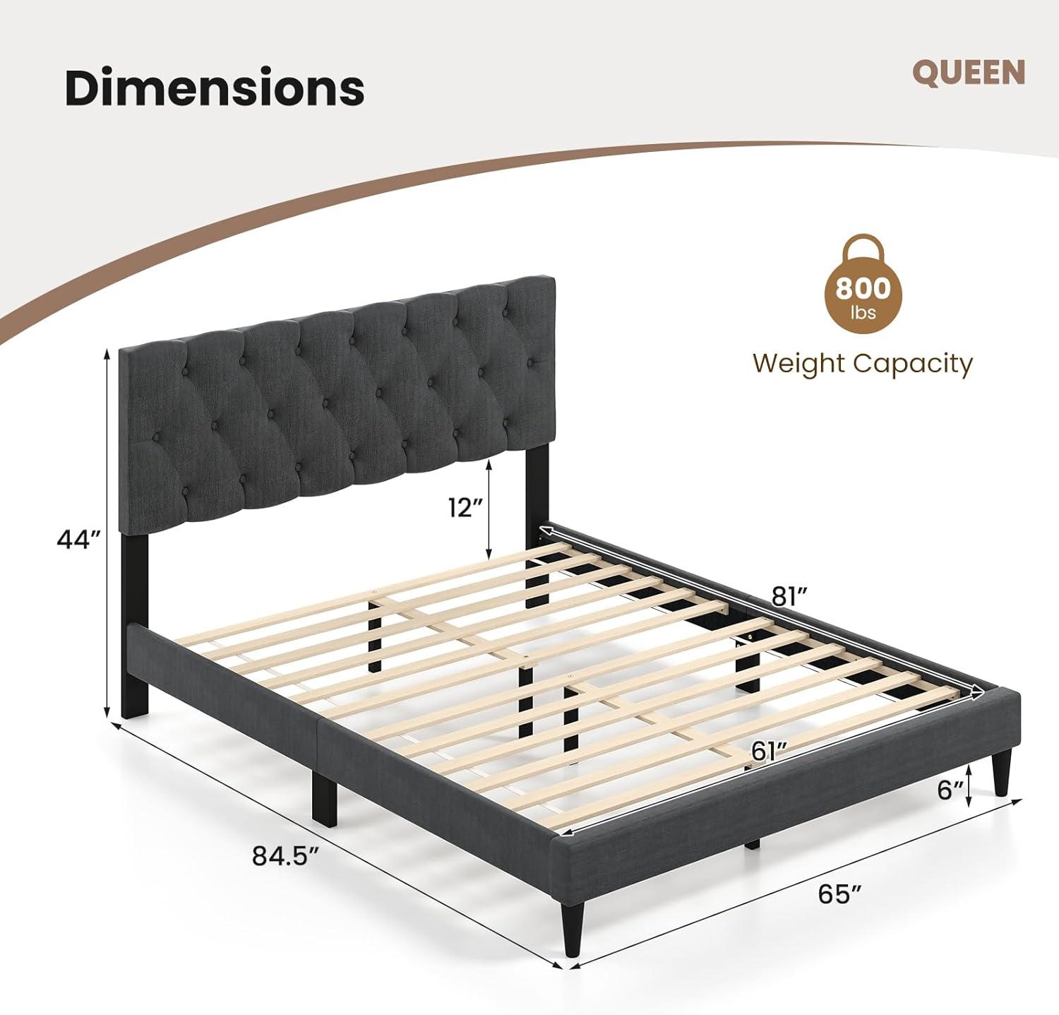 image:imageGiantex Twin Bed Frames with Headboard Modern Upholstered Platform Bed Frame with Vertical Channel Tufted Headboard Wooden Slats Support No Box Spring Needed GrayQueen