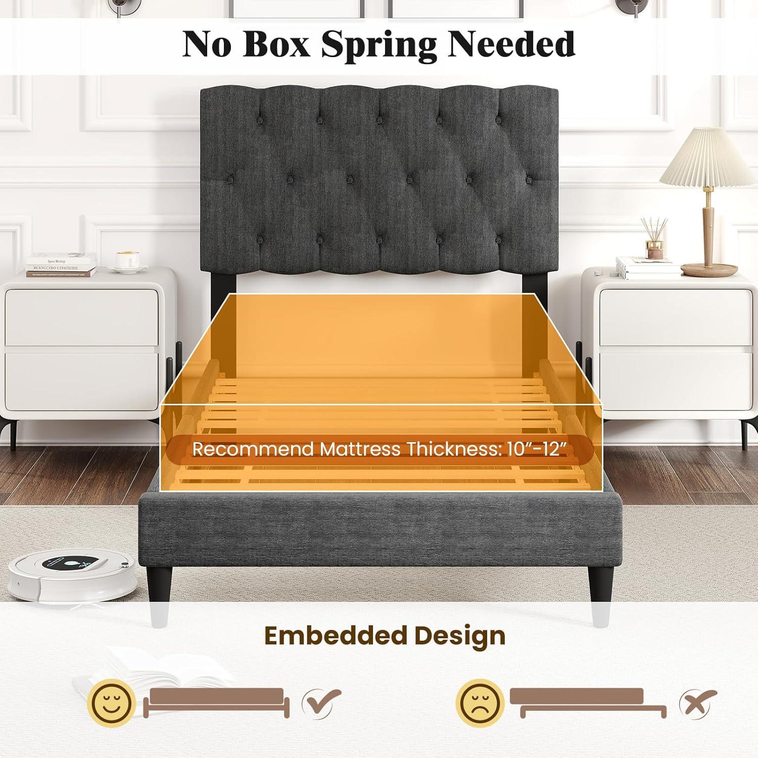 image:imageGiantex Twin Bed Frames with Headboard Modern Upholstered Platform Bed Frame with Vertical Channel Tufted Headboard Wooden Slats Support No Box Spring Needed GrayTwin