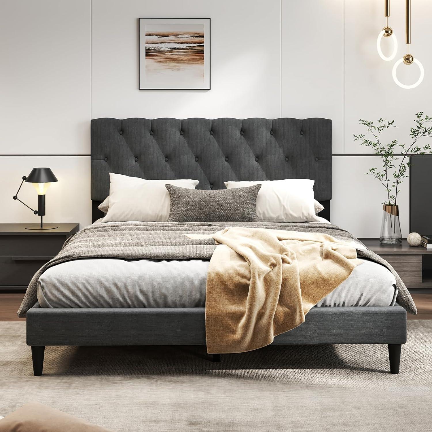 image:imageGiantex Twin Bed Frames with Headboard Modern Upholstered Platform Bed Frame with Vertical Channel Tufted Headboard Wooden Slats Support No Box Spring Needed GrayQueen