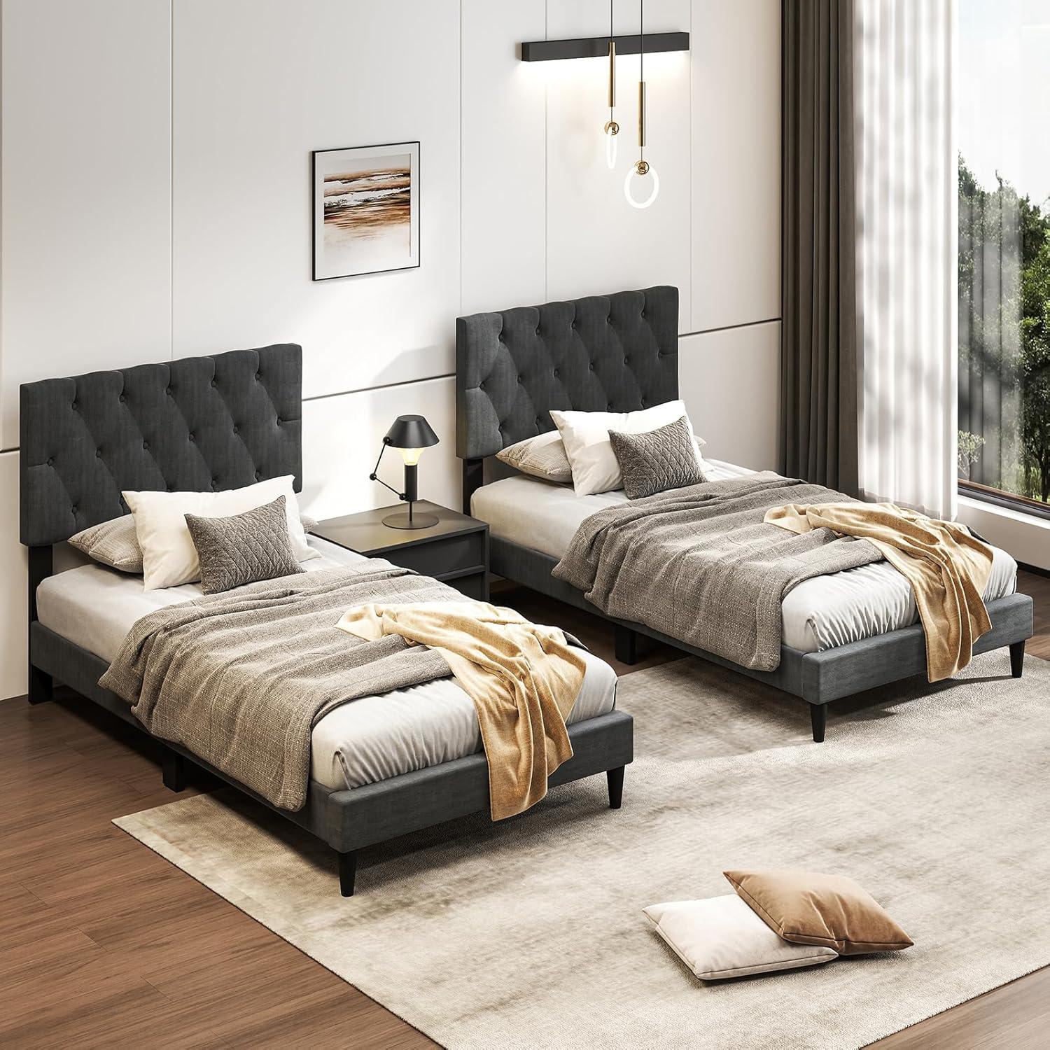image:imageGiantex Twin Bed Frames with Headboard Modern Upholstered Platform Bed Frame with Vertical Channel Tufted Headboard Wooden Slats Support No Box Spring Needed GrayTwin