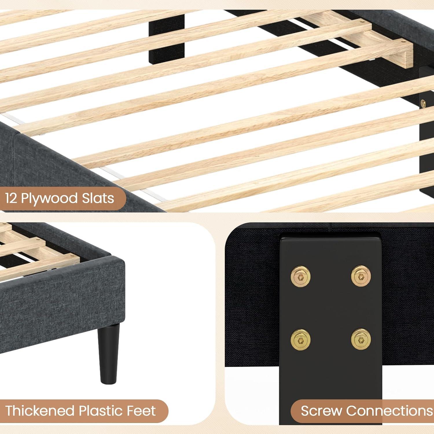 image:imageGiantex Twin Bed Frames with Headboard Modern Upholstered Platform Bed Frame with Vertical Channel Tufted Headboard Wooden Slats Support No Box Spring Needed GrayTwin