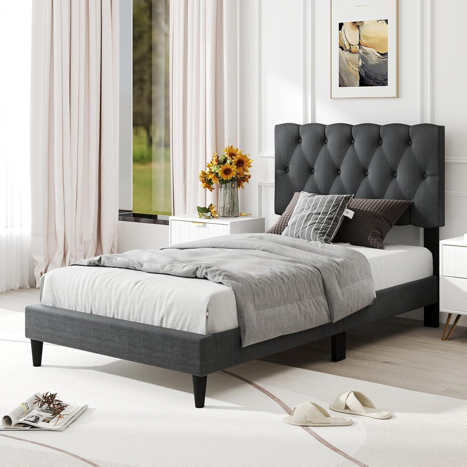 image:imageGiantex Twin Bed Frames with Headboard Modern Upholstered Platform Bed Frame with Vertical Channel Tufted Headboard Wooden Slats Support No Box Spring Needed GrayTwin