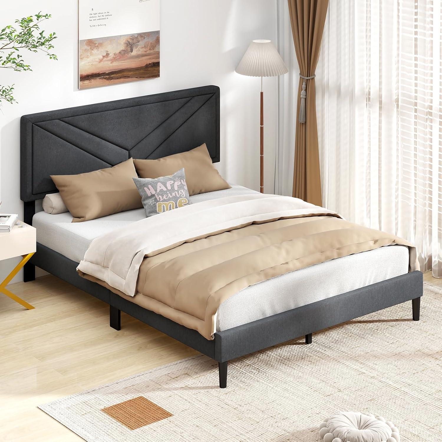 image:imageGiantex Twin Bed Frames with Headboard Modern Upholstered Platform Bed Frame with Vertical Channel Tufted Headboard Wooden Slats Support No Box Spring Needed GrayQueen