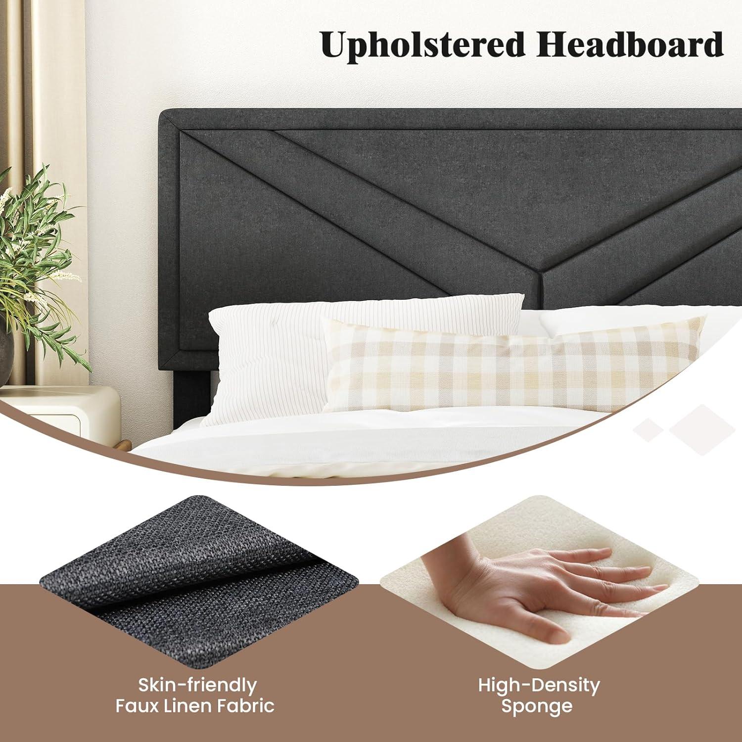 image:imageGiantex Twin Bed Frames with Headboard Modern Upholstered Platform Bed Frame with Vertical Channel Tufted Headboard Wooden Slats Support No Box Spring Needed GrayQueen