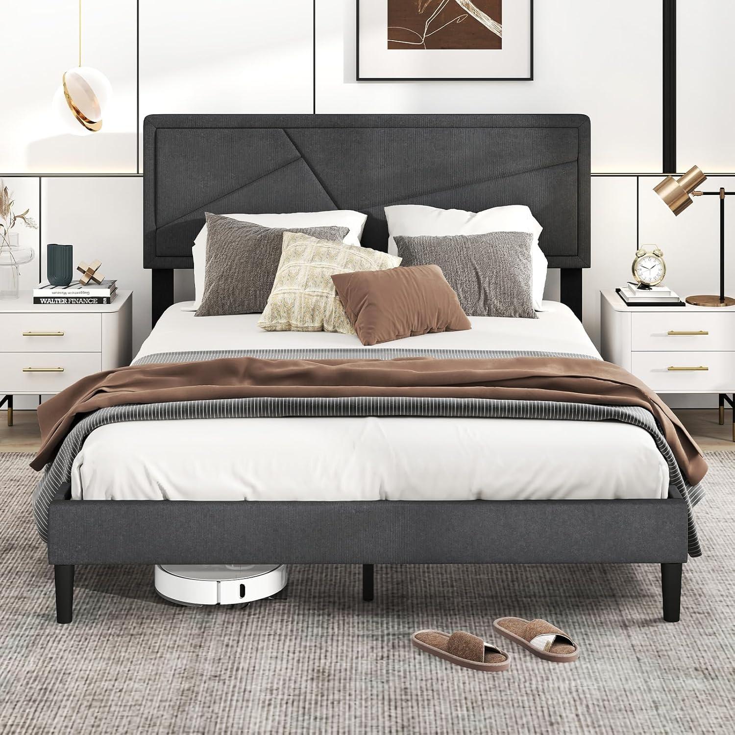 image:imageGiantex Twin Bed Frames with Headboard Modern Upholstered Platform Bed Frame with Vertical Channel Tufted Headboard Wooden Slats Support No Box Spring Needed GrayQueen