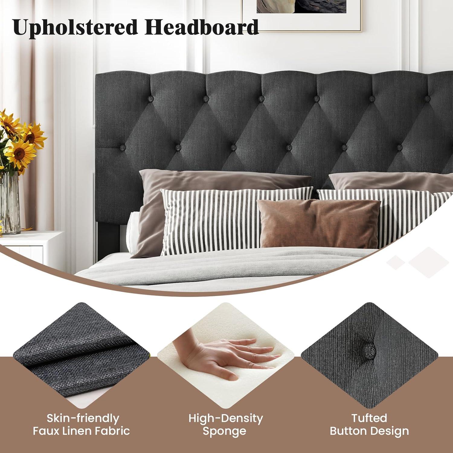 image:imageGiantex Twin Bed Frames with Headboard Modern Upholstered Platform Bed Frame with Vertical Channel Tufted Headboard Wooden Slats Support No Box Spring Needed GrayQueen