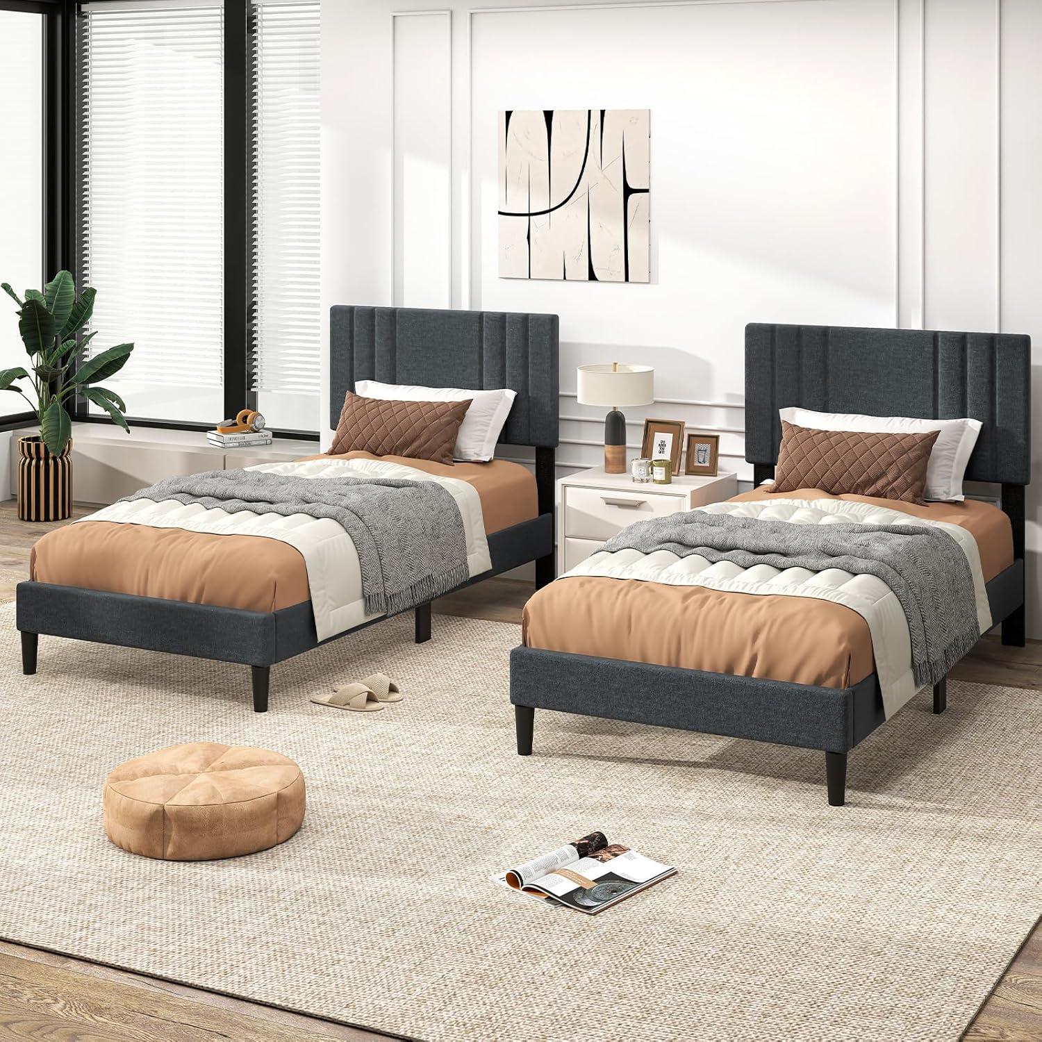 image:imageGiantex Twin Bed Frames with Headboard Modern Upholstered Platform Bed Frame with Vertical Channel Tufted Headboard Wooden Slats Support No Box Spring Needed GrayTwin