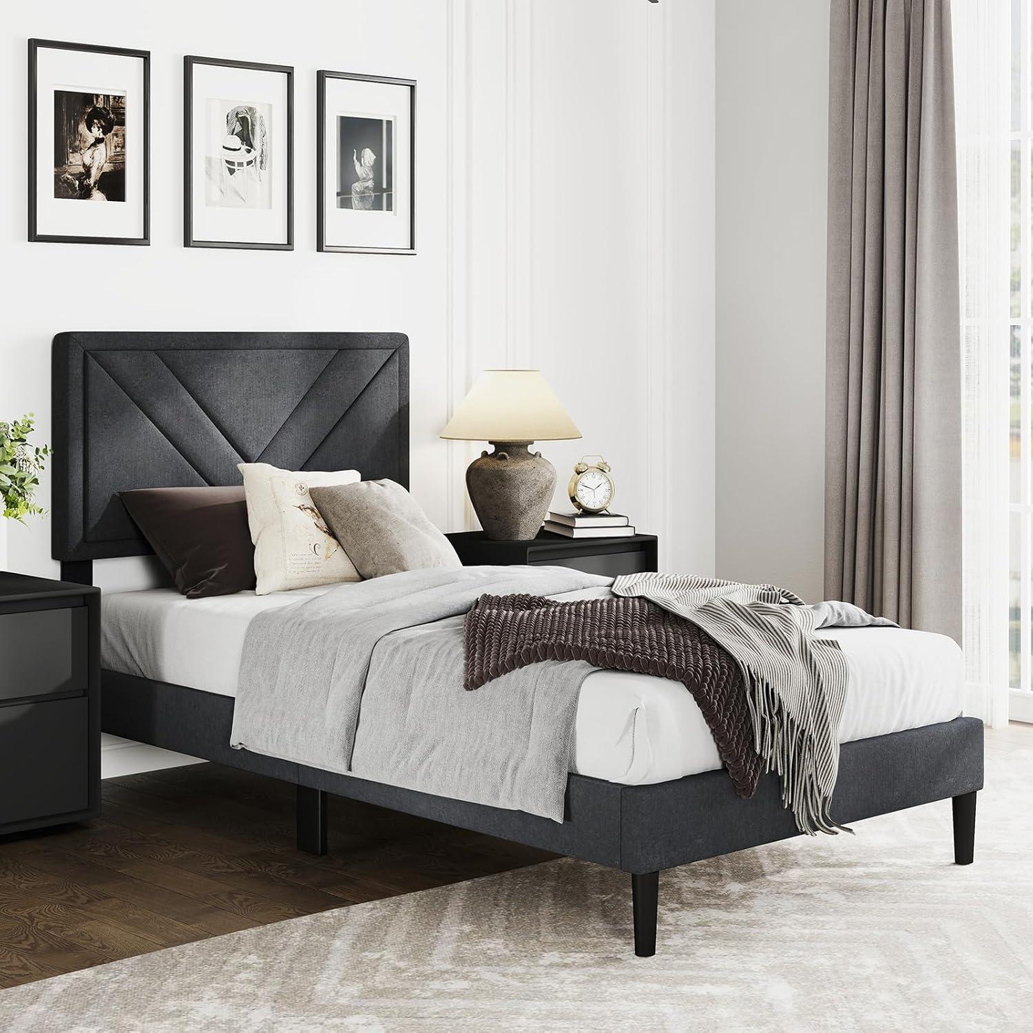 image:imageGiantex Twin Bed Frames with Headboard Modern Upholstered Platform Bed Frame with Vertical Channel Tufted Headboard Wooden Slats Support No Box Spring Needed GrayTwin