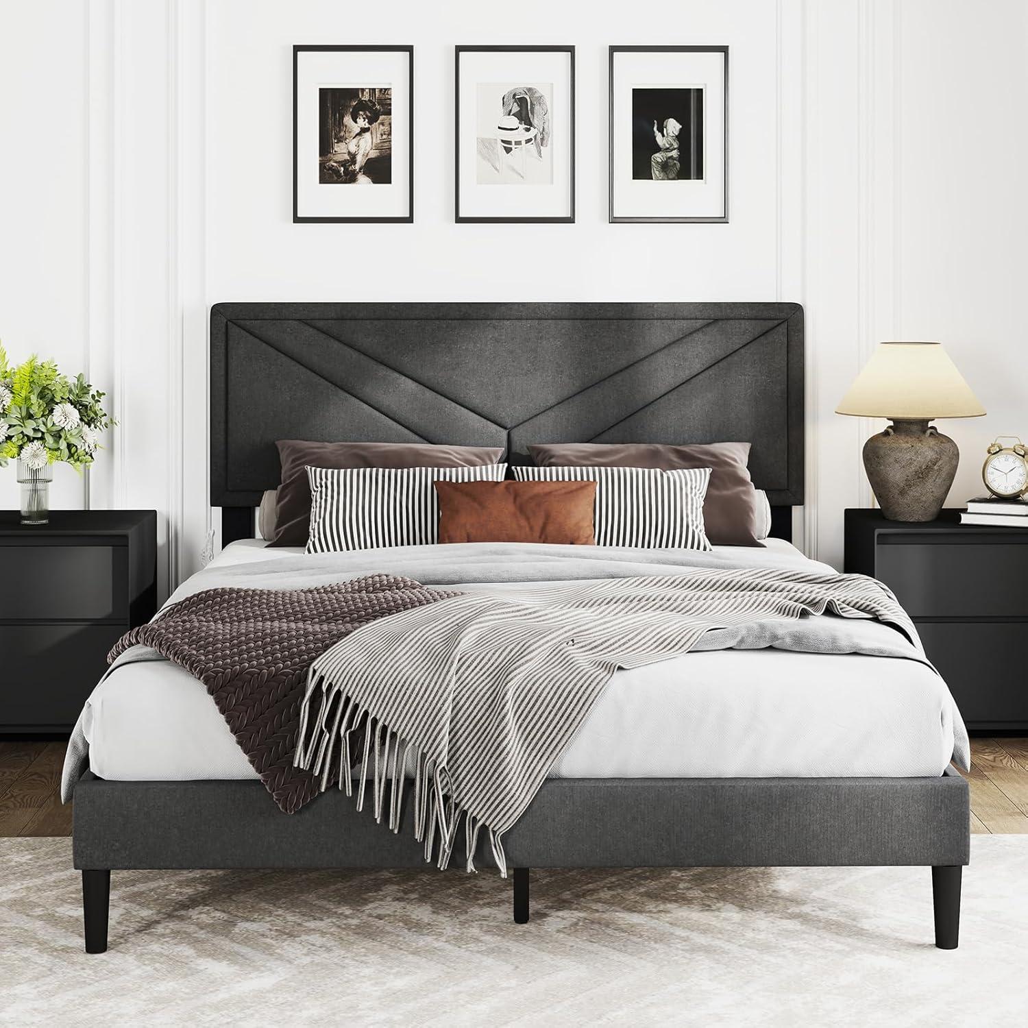 image:imageGiantex Twin Bed Frames with Headboard Modern Upholstered Platform Bed Frame with Vertical Channel Tufted Headboard Wooden Slats Support No Box Spring Needed GrayQueen