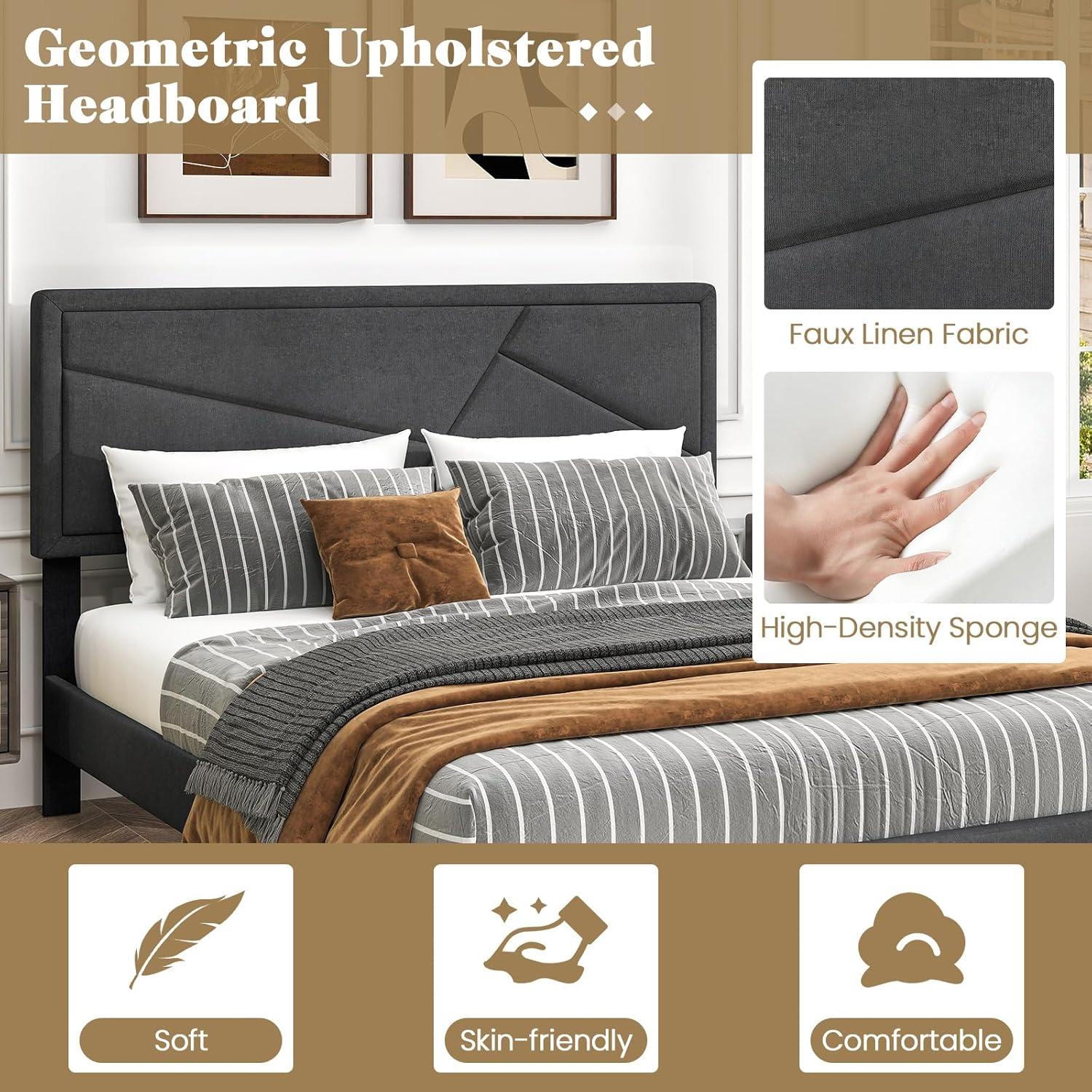 image:imageGiantex Twin Bed Frames with Headboard Modern Upholstered Platform Bed Frame with Vertical Channel Tufted Headboard Wooden Slats Support No Box Spring Needed GrayQueen