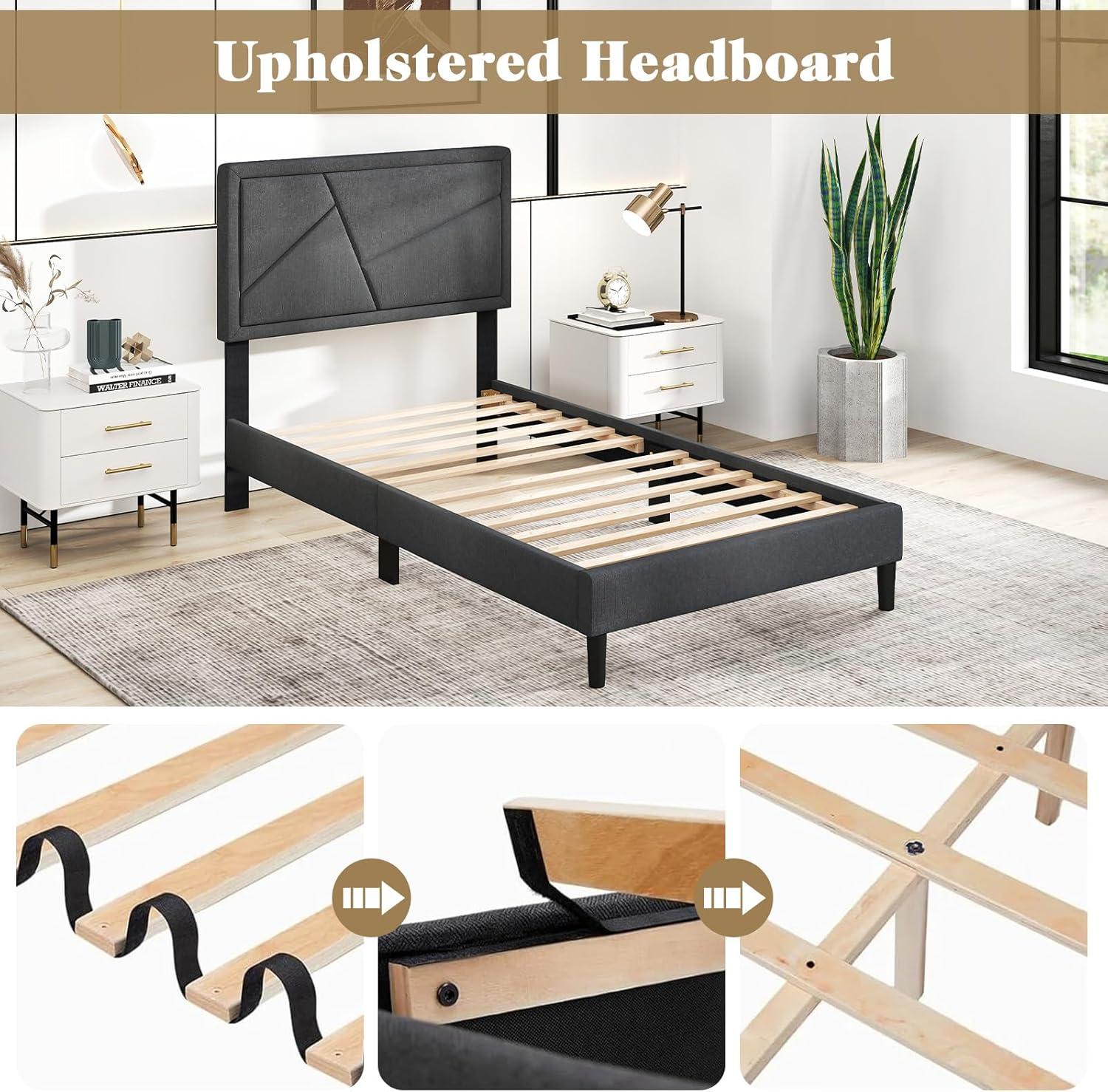 image:imageGiantex Twin Bed Frames with Headboard Modern Upholstered Platform Bed Frame with Vertical Channel Tufted Headboard Wooden Slats Support No Box Spring Needed GrayTwin