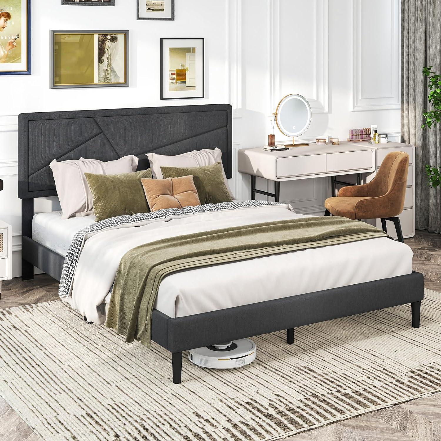 image:imageGiantex Twin Bed Frames with Headboard Modern Upholstered Platform Bed Frame with Vertical Channel Tufted Headboard Wooden Slats Support No Box Spring Needed GrayQueen