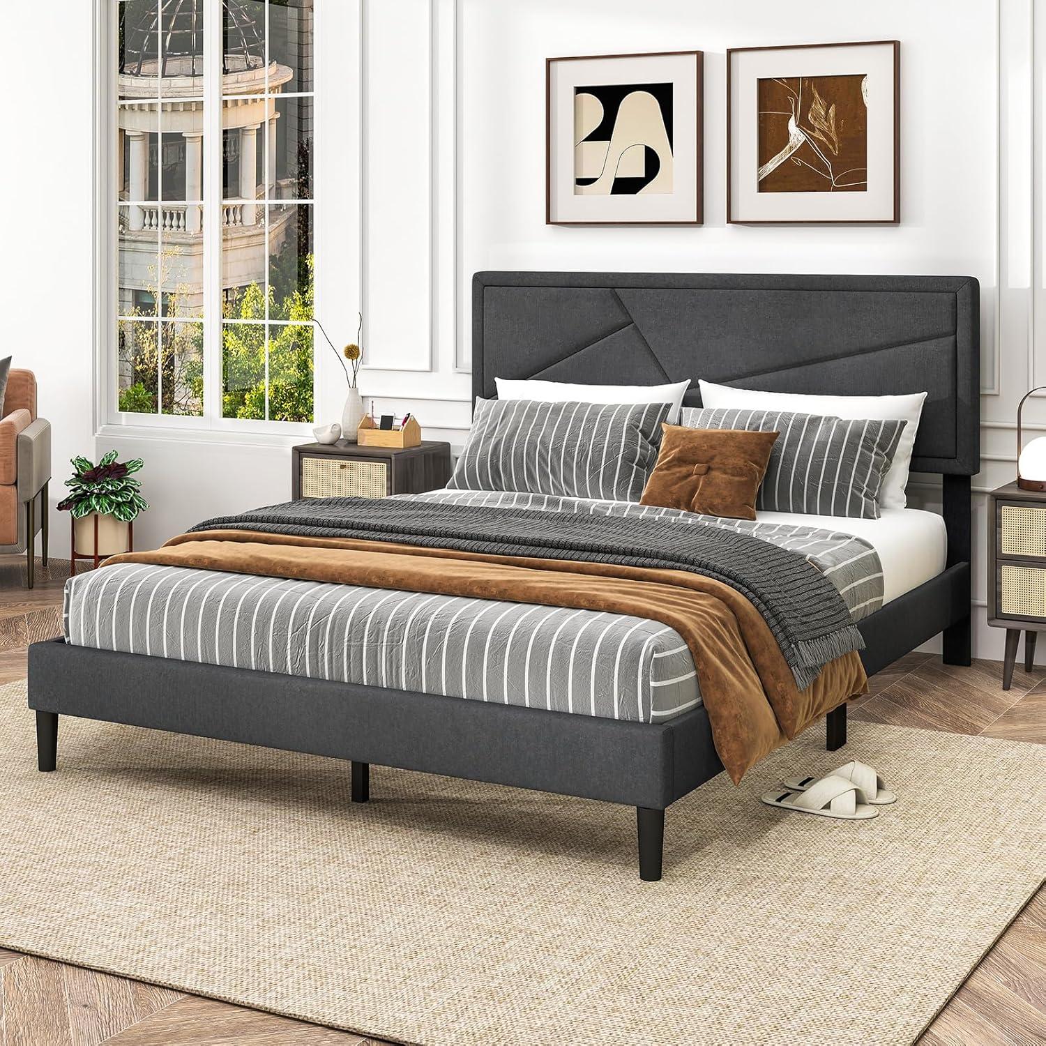 image:imageGiantex Twin Bed Frames with Headboard Modern Upholstered Platform Bed Frame with Vertical Channel Tufted Headboard Wooden Slats Support No Box Spring Needed GrayQueen
