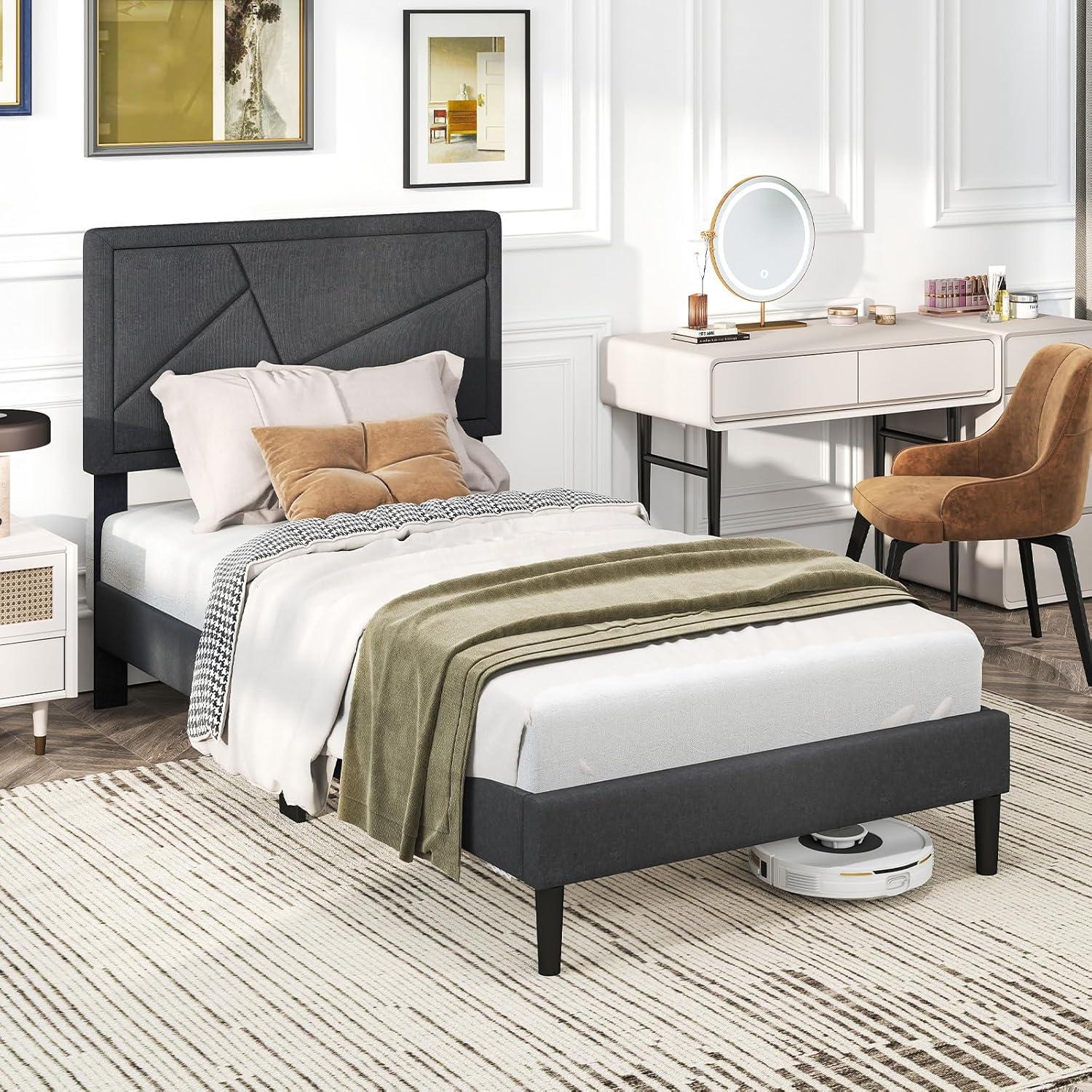 image:imageGiantex Twin Bed Frames with Headboard Modern Upholstered Platform Bed Frame with Vertical Channel Tufted Headboard Wooden Slats Support No Box Spring Needed GrayTwin
