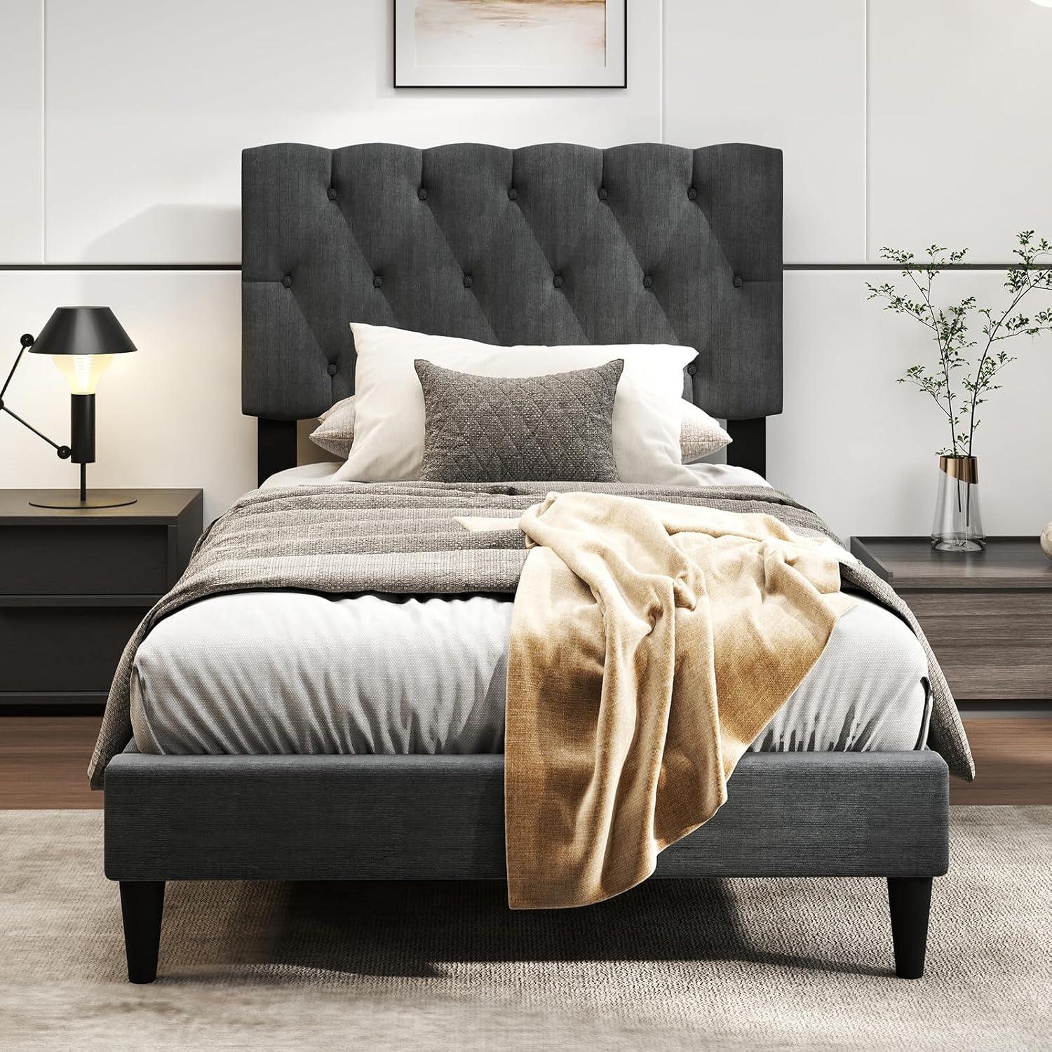 image:imageGiantex Twin Bed Frames with Headboard Modern Upholstered Platform Bed Frame with Vertical Channel Tufted Headboard Wooden Slats Support No Box Spring Needed GrayTwin