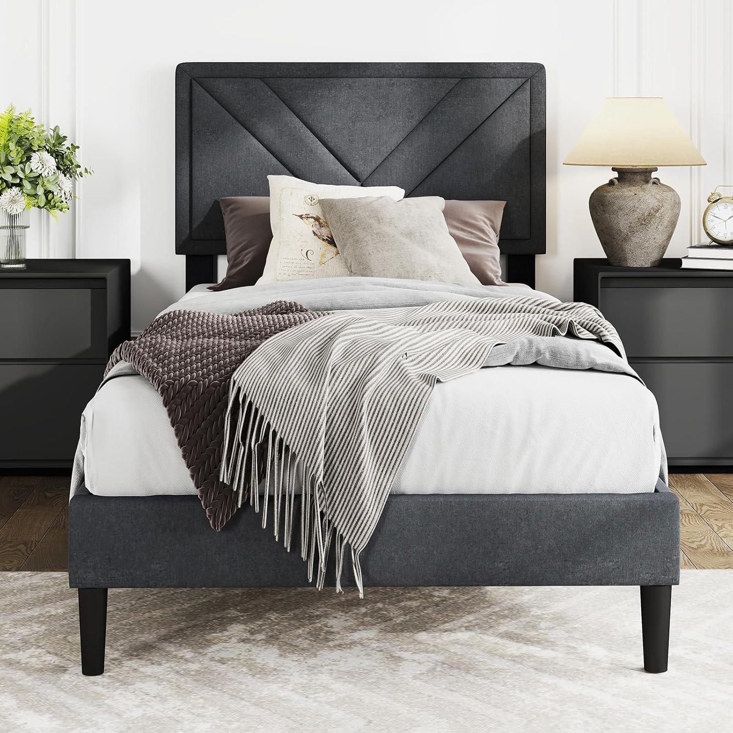 image:imageGiantex Twin Bed Frames with Headboard Modern Upholstered Platform Bed Frame with Vertical Channel Tufted Headboard Wooden Slats Support No Box Spring Needed GrayTwin