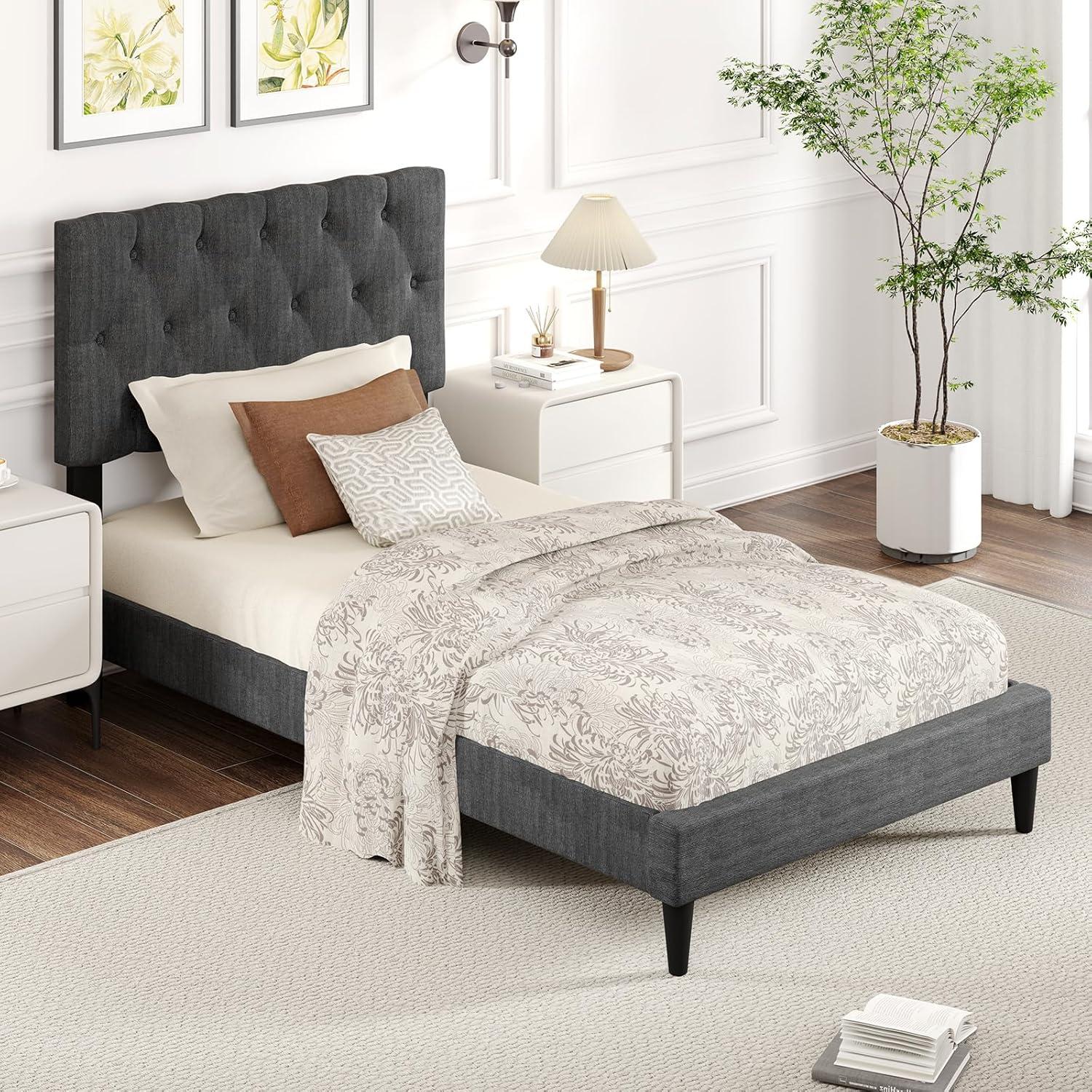 image:imageGiantex Twin Bed Frames with Headboard Modern Upholstered Platform Bed Frame with Vertical Channel Tufted Headboard Wooden Slats Support No Box Spring Needed GrayTwin