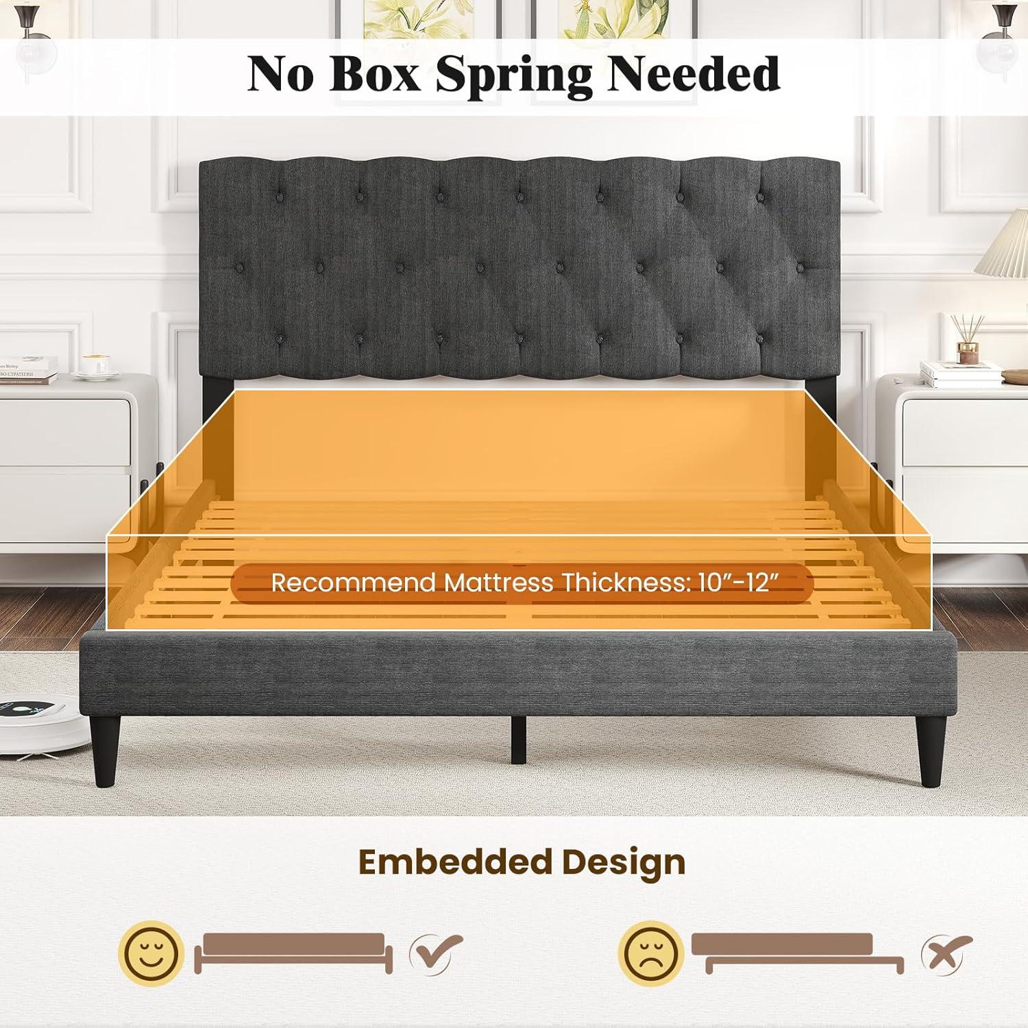 image:imageGiantex Twin Bed Frames with Headboard Modern Upholstered Platform Bed Frame with Vertical Channel Tufted Headboard Wooden Slats Support No Box Spring Needed GrayQueen