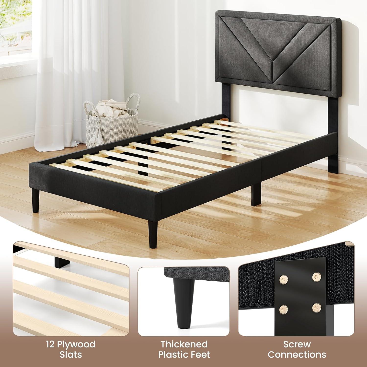 image:imageGiantex Twin Bed Frames with Headboard Modern Upholstered Platform Bed Frame with Vertical Channel Tufted Headboard Wooden Slats Support No Box Spring Needed GrayTwin