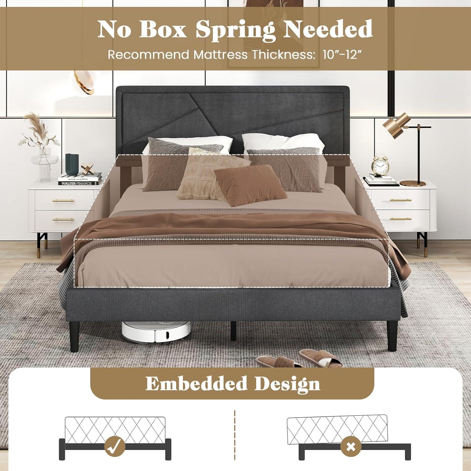image:imageGiantex Twin Bed Frames with Headboard Modern Upholstered Platform Bed Frame with Vertical Channel Tufted Headboard Wooden Slats Support No Box Spring Needed GrayQueen