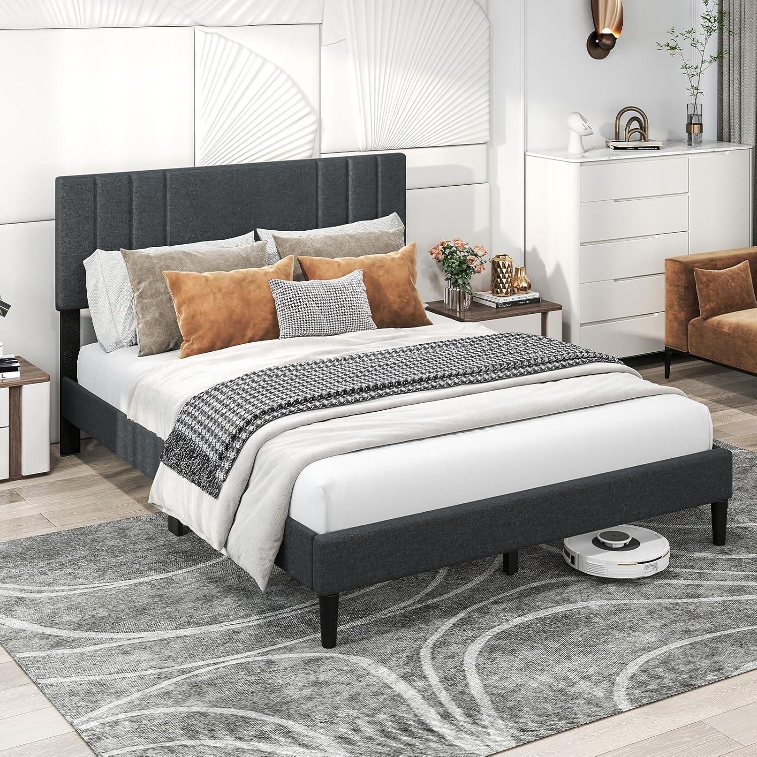 image:imageGiantex Twin Bed Frames with Headboard Modern Upholstered Platform Bed Frame with Vertical Channel Tufted Headboard Wooden Slats Support No Box Spring Needed GrayQueen