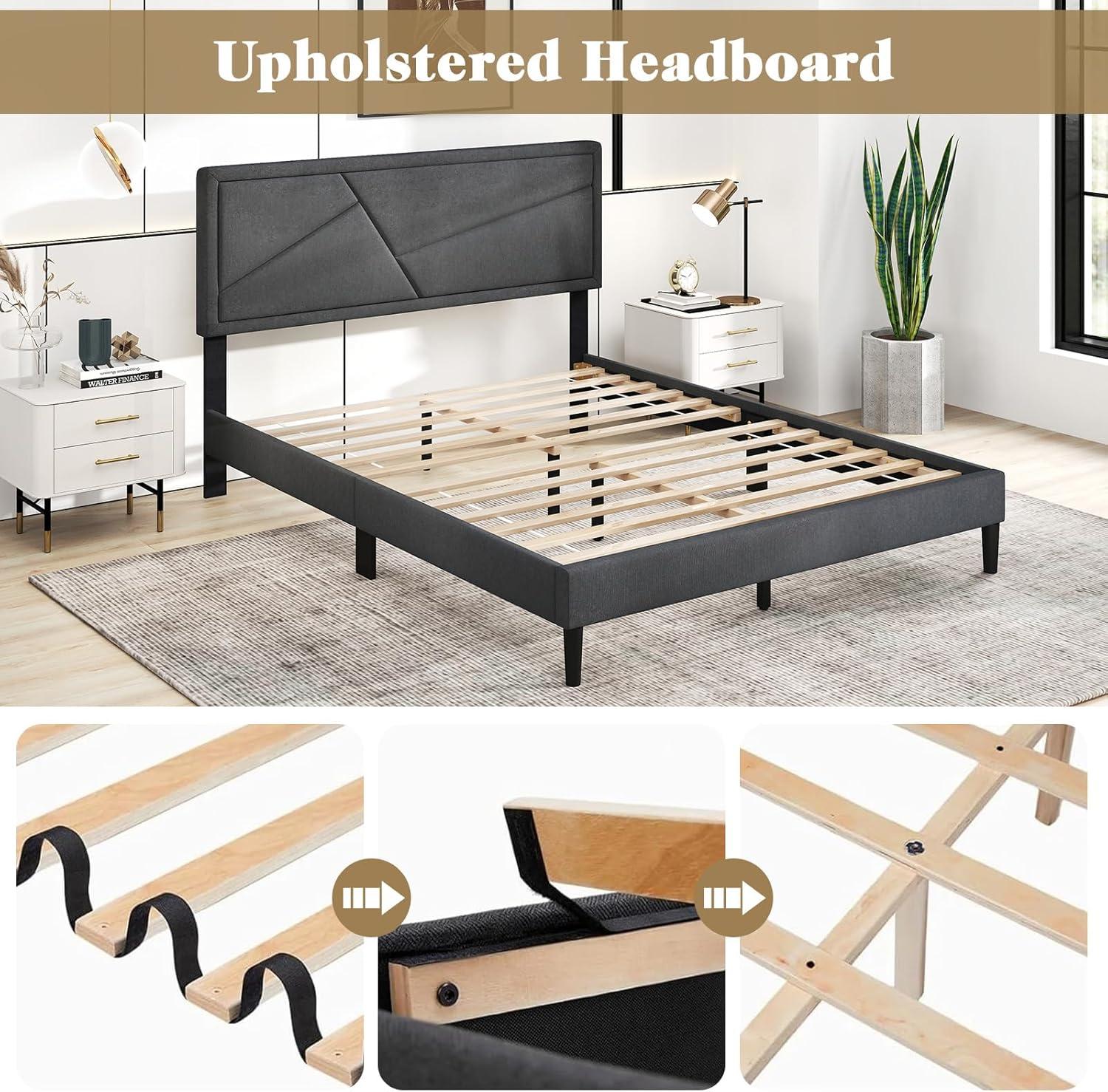 image:imageGiantex Twin Bed Frames with Headboard Modern Upholstered Platform Bed Frame with Vertical Channel Tufted Headboard Wooden Slats Support No Box Spring Needed GrayQueen