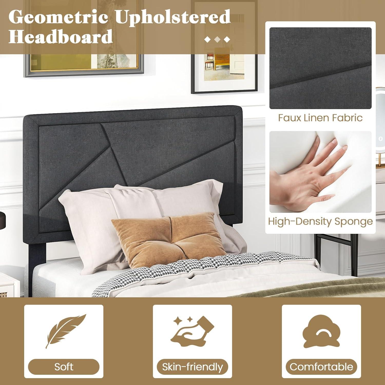 image:imageGiantex Twin Bed Frames with Headboard Modern Upholstered Platform Bed Frame with Vertical Channel Tufted Headboard Wooden Slats Support No Box Spring Needed GrayTwin