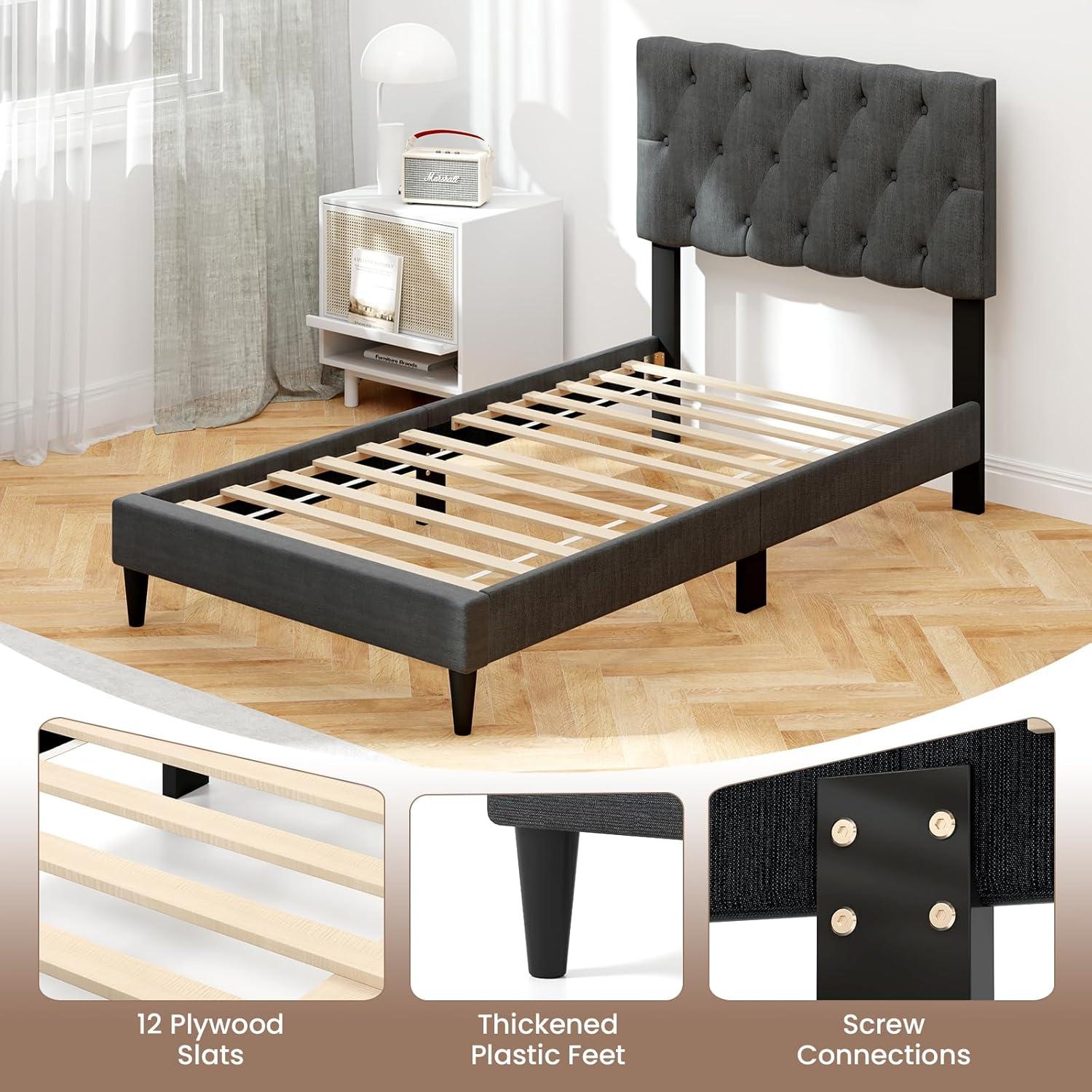 image:imageGiantex Twin Bed Frames with Headboard Modern Upholstered Platform Bed Frame with Vertical Channel Tufted Headboard Wooden Slats Support No Box Spring Needed GrayTwin