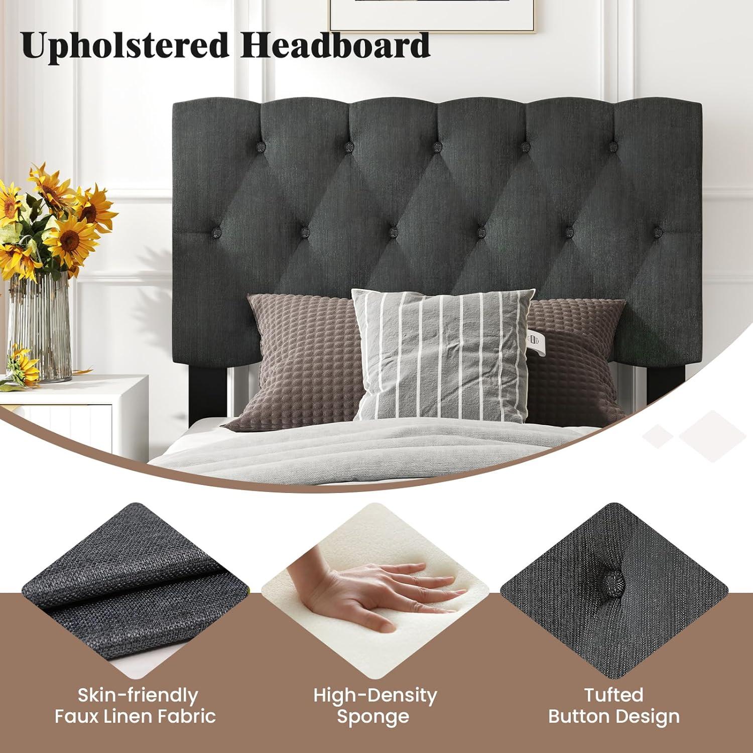 image:imageGiantex Twin Bed Frames with Headboard Modern Upholstered Platform Bed Frame with Vertical Channel Tufted Headboard Wooden Slats Support No Box Spring Needed GrayTwin