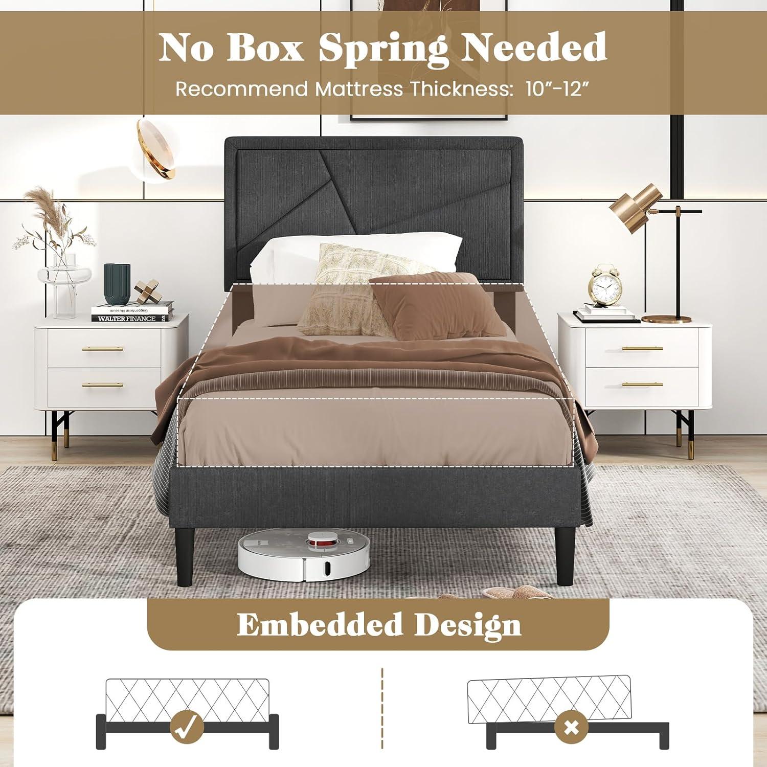 image:imageGiantex Twin Bed Frames with Headboard Modern Upholstered Platform Bed Frame with Vertical Channel Tufted Headboard Wooden Slats Support No Box Spring Needed GrayTwin