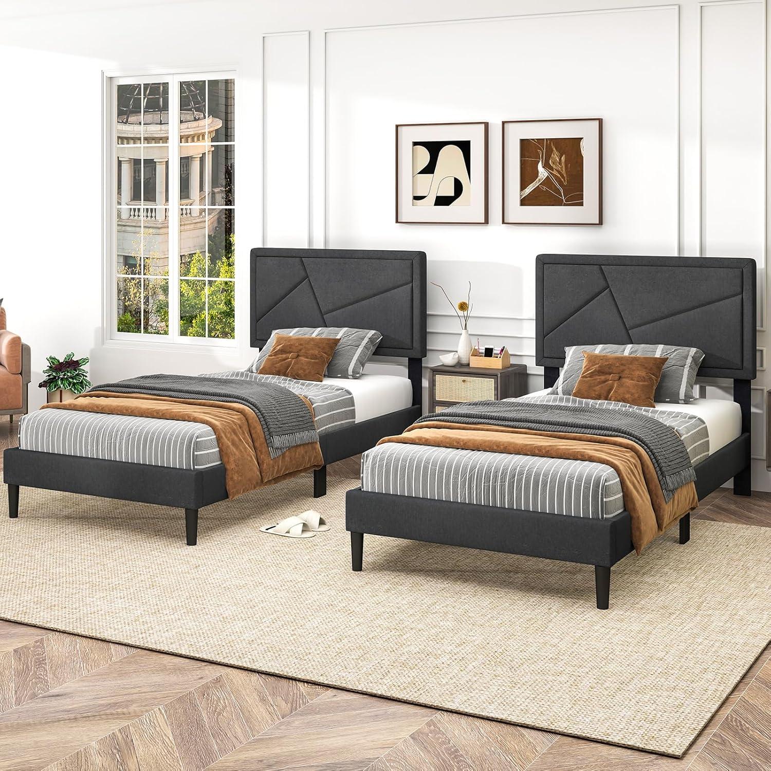 image:imageGiantex Twin Bed Frames with Headboard Modern Upholstered Platform Bed Frame with Vertical Channel Tufted Headboard Wooden Slats Support No Box Spring Needed GrayTwin