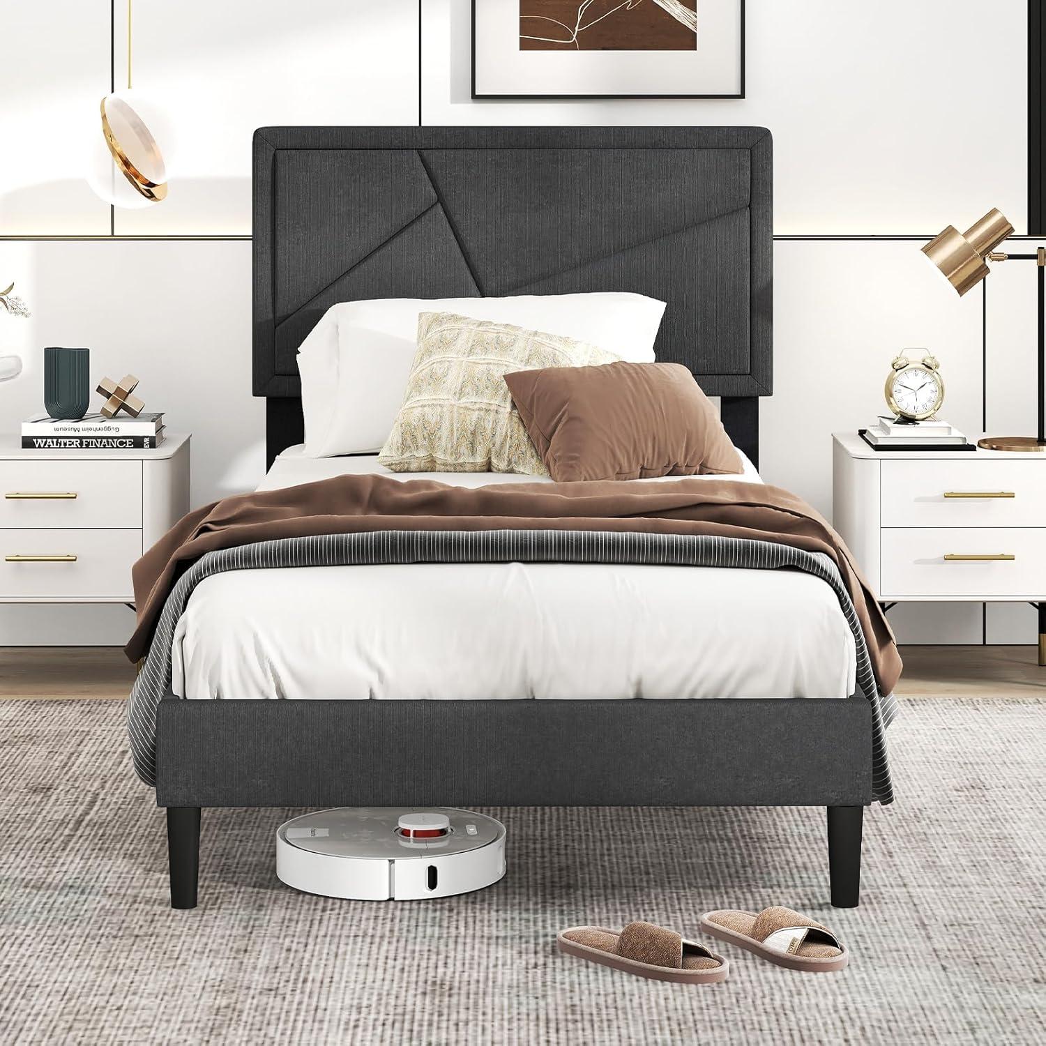 image:imageGiantex Twin Bed Frames with Headboard Modern Upholstered Platform Bed Frame with Vertical Channel Tufted Headboard Wooden Slats Support No Box Spring Needed GrayTwin