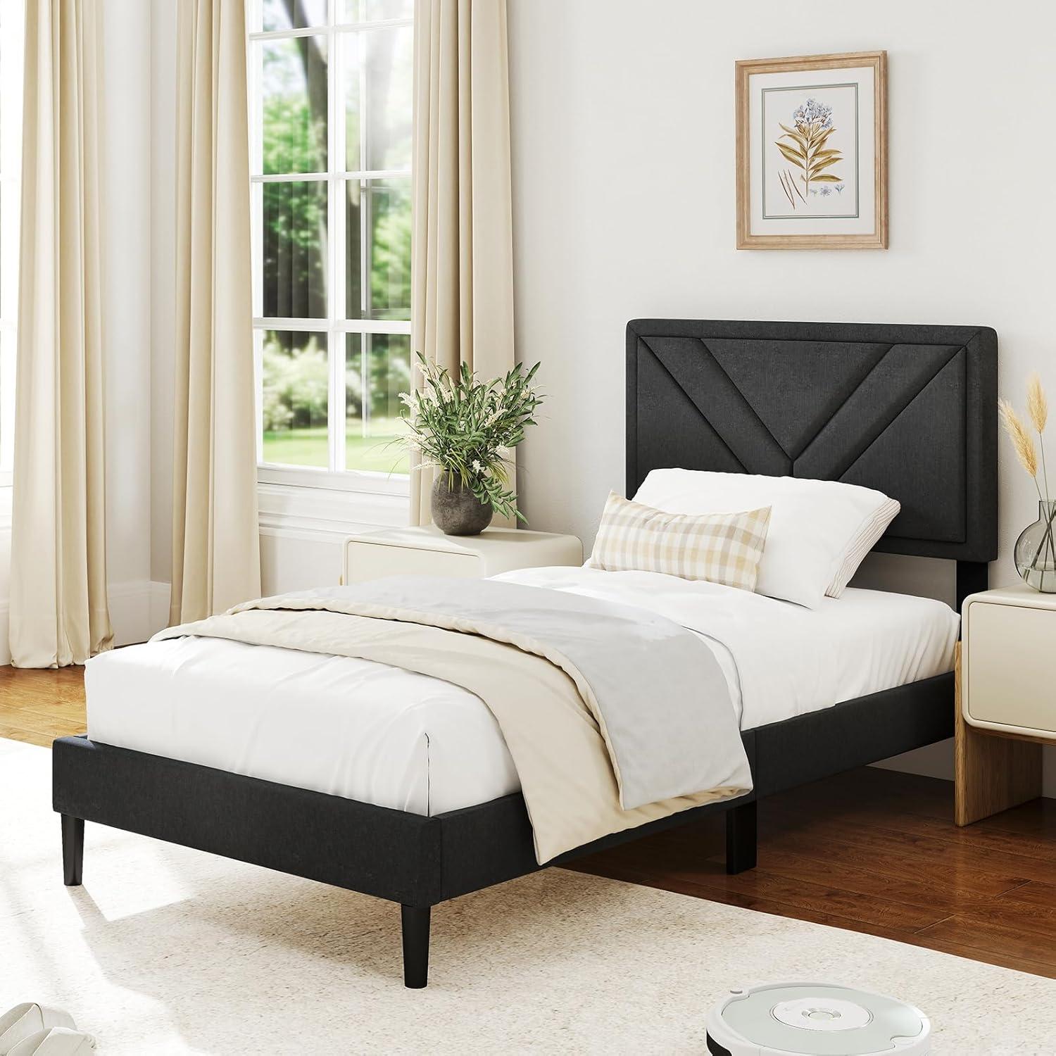 image:imageGiantex Twin Bed Frames with Headboard Modern Upholstered Platform Bed Frame with Vertical Channel Tufted Headboard Wooden Slats Support No Box Spring Needed GrayTwin